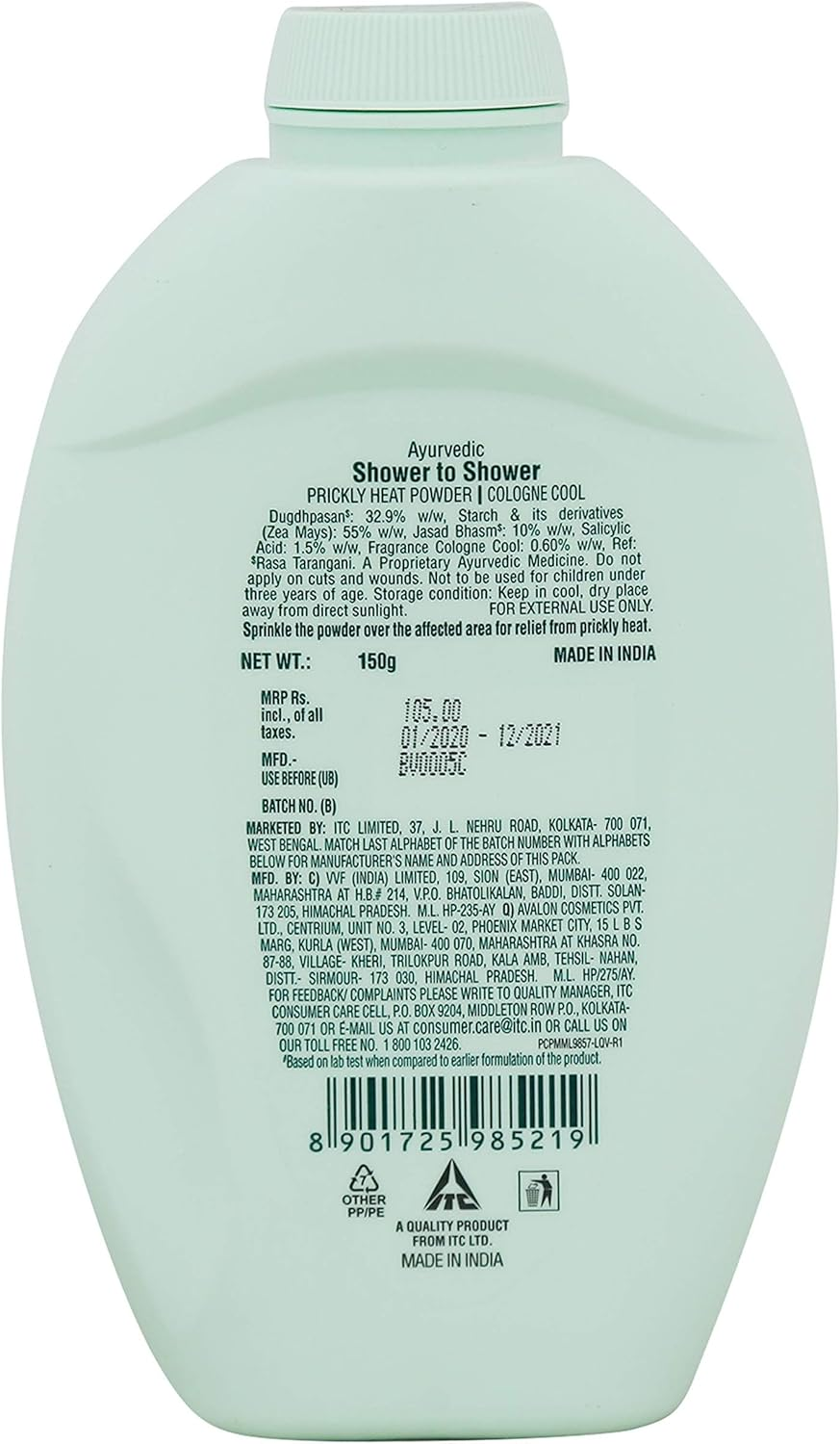 Shower to Shower Prickly Heat Powder, Cologne Cool, 150G