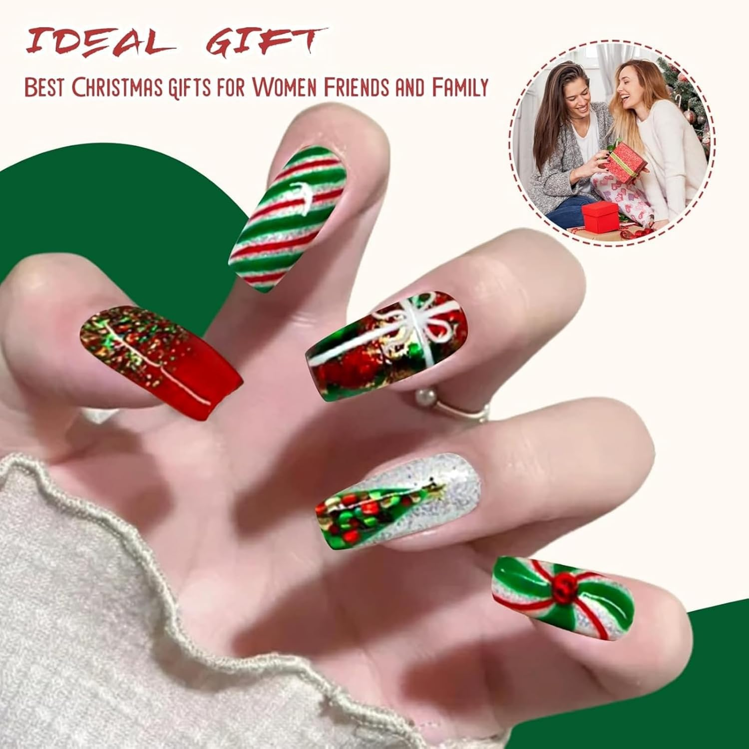 Itadaku 24 Pcs Christmas Press on Nails, Medium Length Acrylic Red Green Stripe and Tree, French Square False Nail with Glue