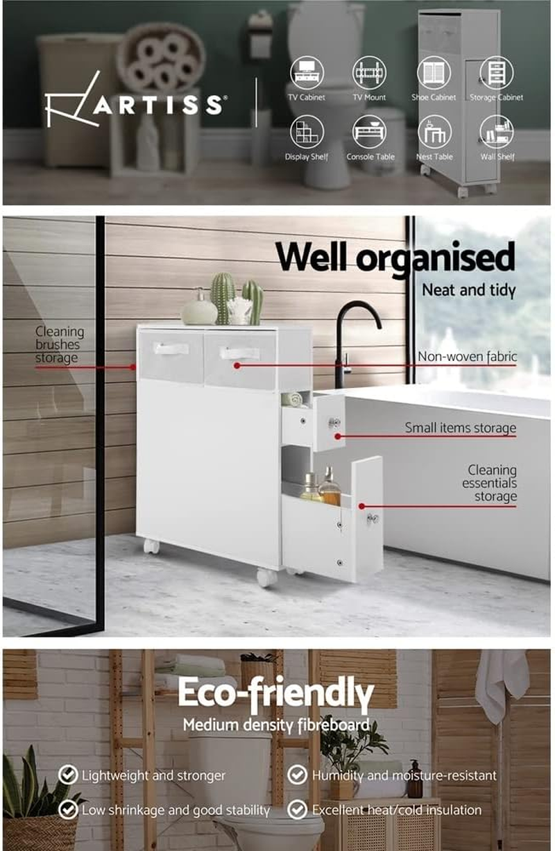 Artiss Bathroom Storage Cabinet, 70Cm Height Cupboard Side Table Corner Shelf Wall over Toilet Roll Storages Cabinets Home Furniture Organiser Accessories, with Wheels Slim Space Saving White image number 2