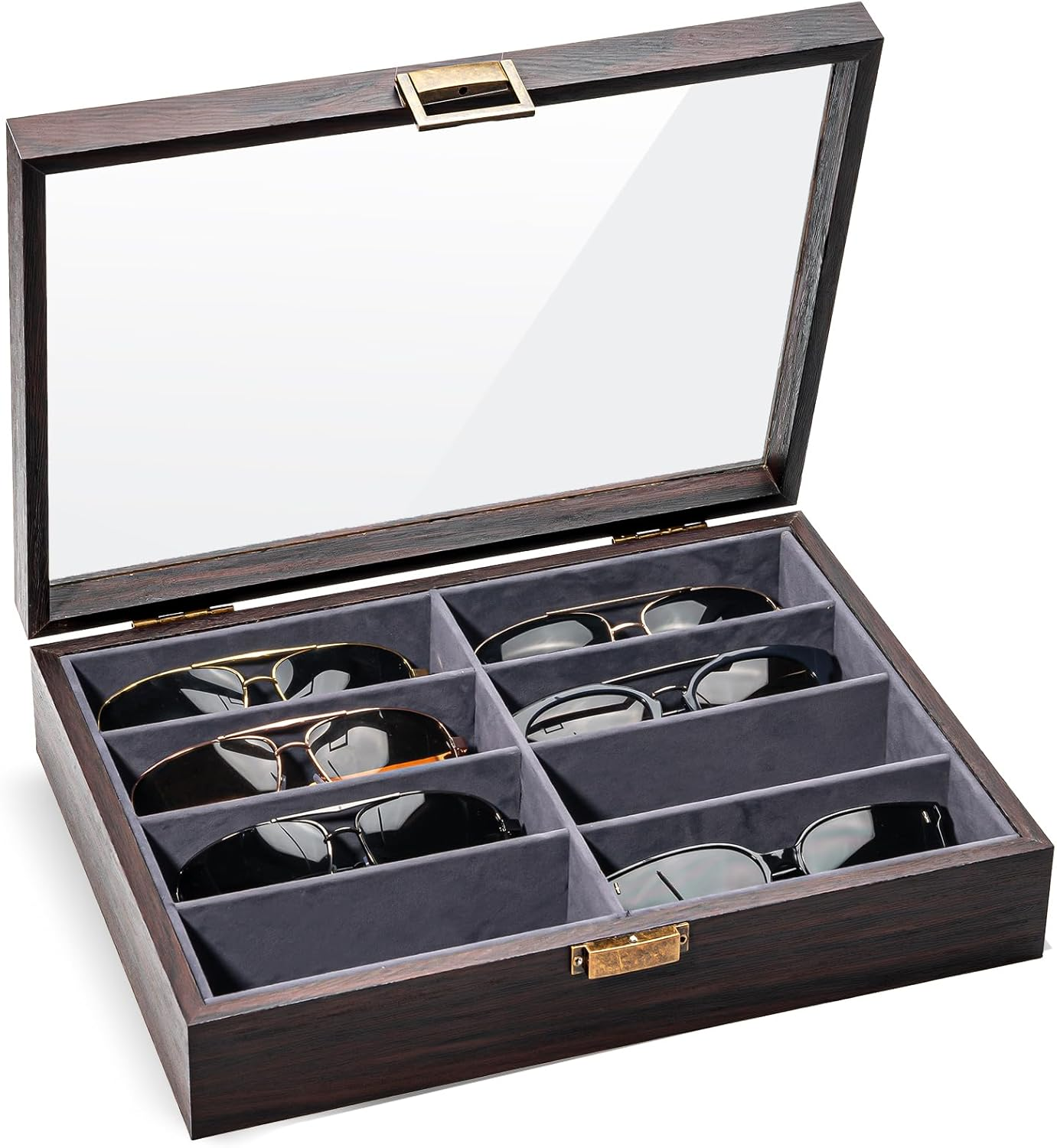 Procase 8 Slots Wooden Sunglasses Case Organizer Trays for Men Women, Glass Display Case Multiple Pairs Eyewear Eyeglass Holder Storage Box