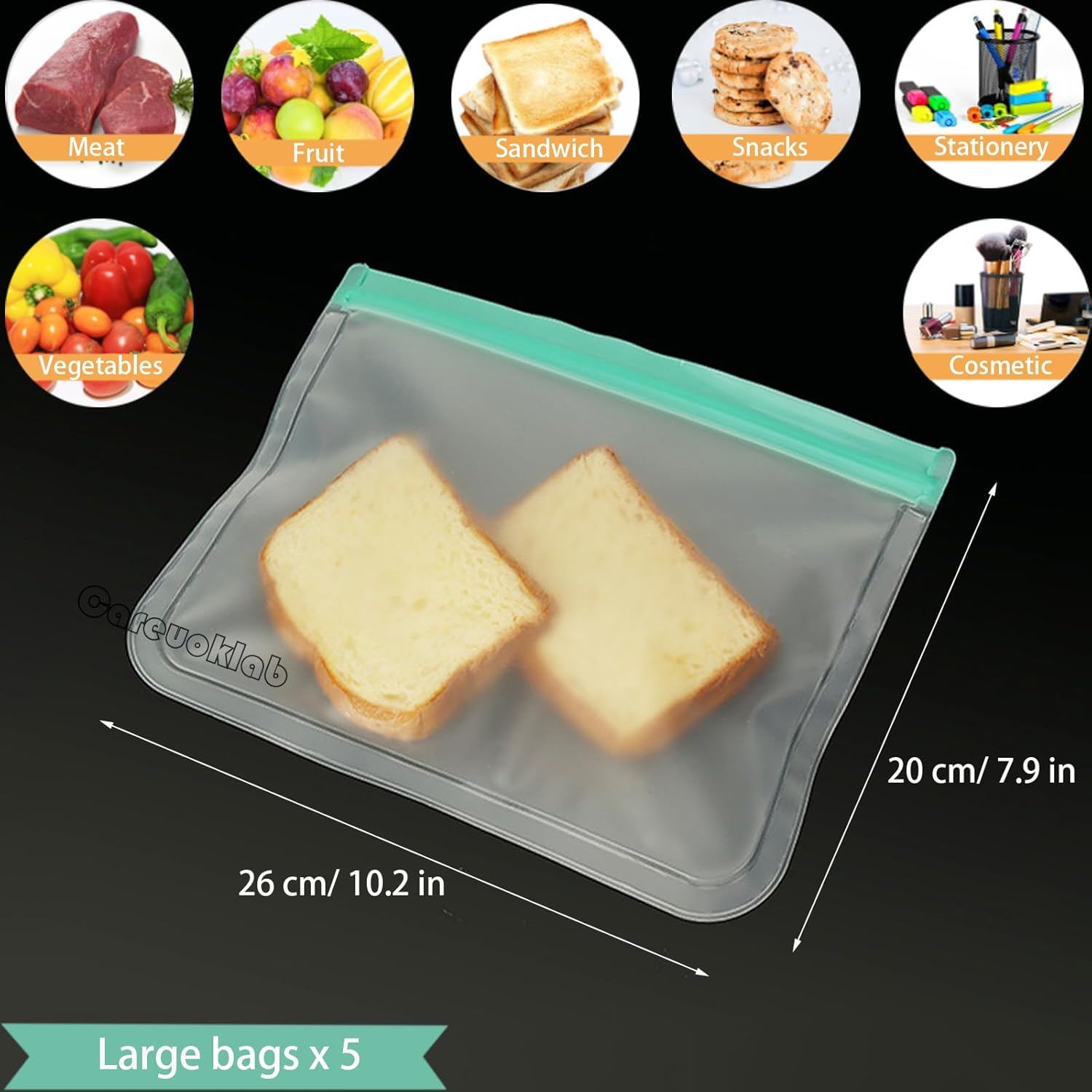 Careuoklab 10 Pack Reusable Food Storage Gallon Bags, Large Capacity Ziplock Organization Freezer Bags, Leakproof BPA Free, Easy Seal & Food Storage Tools Containers for Kitchen (2 Sizes) image number 2