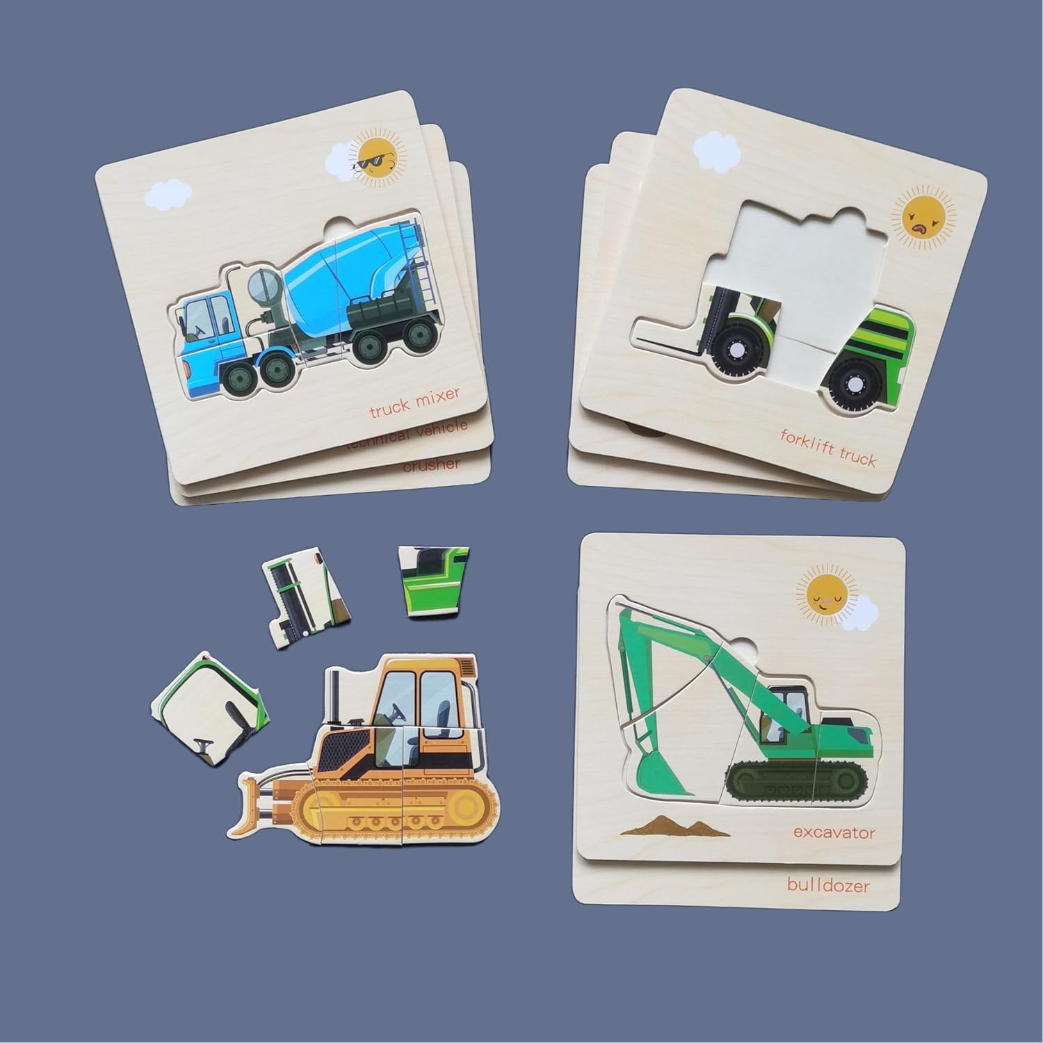 Toddler Puzzles,Set of 8,Wooden Jigsaw Puzzle for 2 3 4 Year Old Baby Boy or Girl,Toddlers Gift,Preschool Learning Educational Toy [Color & Shape Cognitive Skill],Construction Vehicle Puzzle