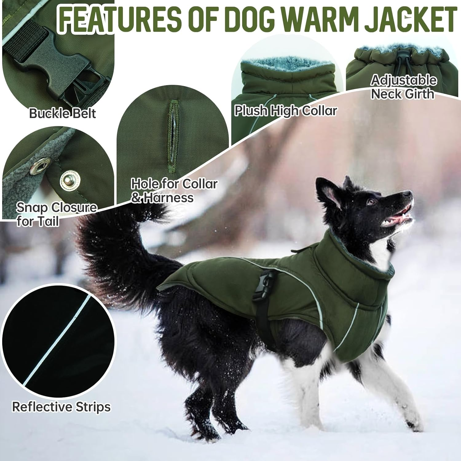 DENTRUN Large Dog Coat - Thick Fleece Lined Reflective Winter Jacket, Snap Closure & Leash Hole, Warm Thick Fleece Lined, Plush Turtleneck Vest for German Shepherd, Army Green, XXL image number 1