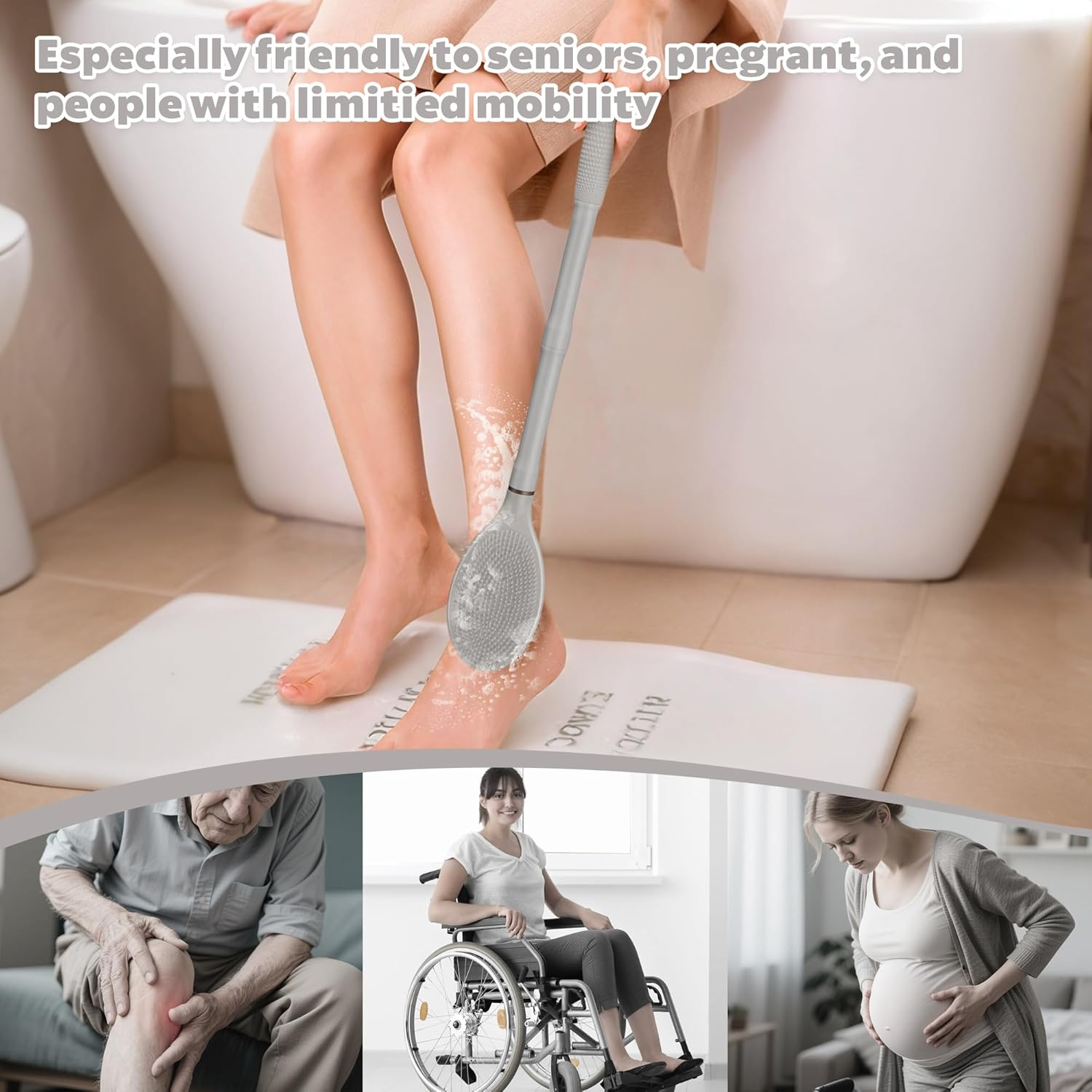 GEENOA New Back Scrubber Anti-Slip for Shower, 18.9&lsquo;&rsquo; Corn-Handle Shower Back Scrubber with Dual-Side Head & Soft Bristles, Adjustable Shower Brush Bath Brush for Lathering & Cleansing(Gray-L) image number 4