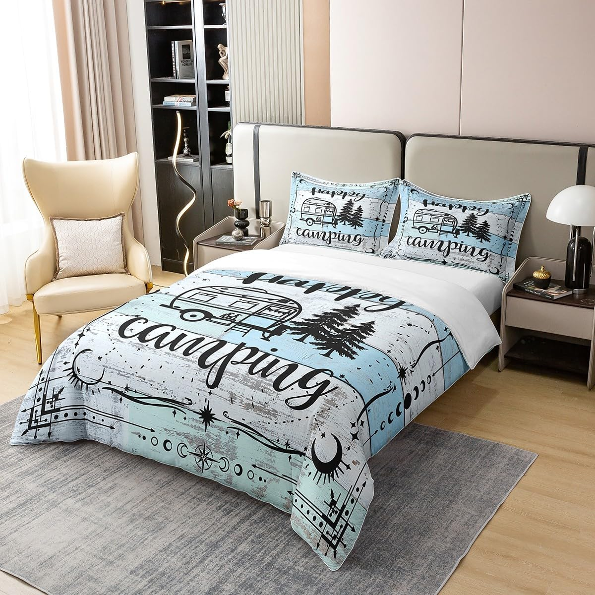 100% Natural Cotton Happy Camping 155 X 220 Cm Comfort Cover, Camper Bed Linen Set, Travel Watercolour Wooden Duvet Cover, Bohemian Style Duvet Cover with Zip Closure, Colourful Bedroom Decor image number 5