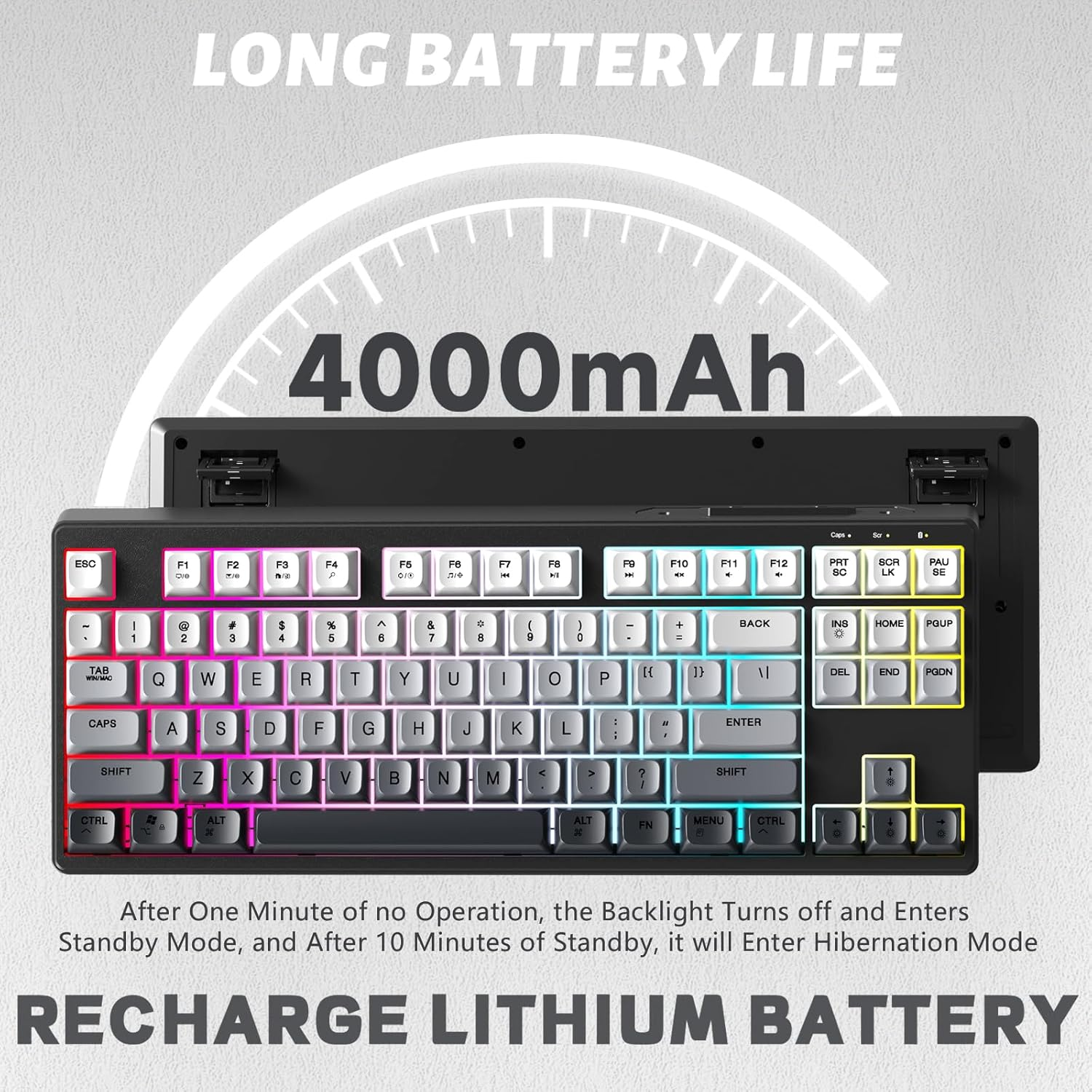 ATTACK SHARK X FREEWOLF M87 80% Wireless Gaming Keyboard, 87 Keys TKL Rainbow Backlit Mechanical Feeling SA PBT Membrane Keyboard Bt/2.4Ghz Connect with 4000Mah Battery for Mac/Win - Black Gradient image number 2