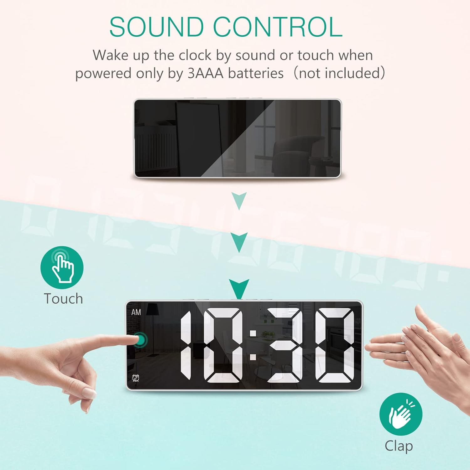 ORIA Digital Alarm Clock, LED Alarm Clock with Large Display, Desk Clock with Temperature, Dual Alarm, Snooze, Sound Control Function, USB Charging Bedside Clock for Bedroom, Office -White image number 2