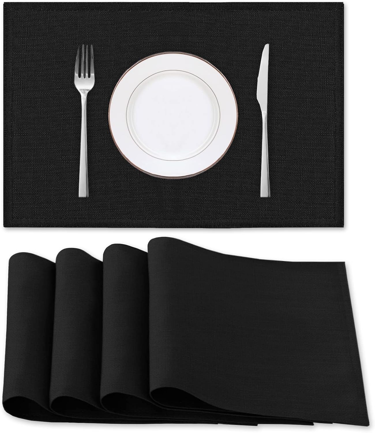 Linen Placemats for Dining Table,Rectangular Placemat Set of 6 Spill-Proof Waterproof & Heat Resistanttable Mats for Kitchen Washable Solid Table Mats, Black, 46X30Cm