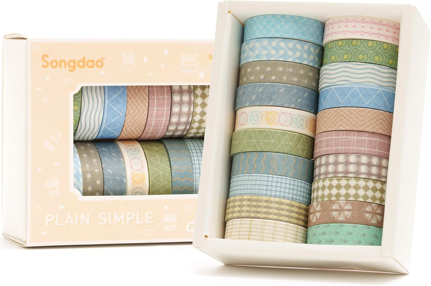 Songdao 20 Rolls Basic Washi Tape Set Japanese Arts Adhesive Tapes Simple Patterns Decorative Masking Tape Sets for Craft, Kids, Scrapbook, DIY, Gift Wrapping (Style One)