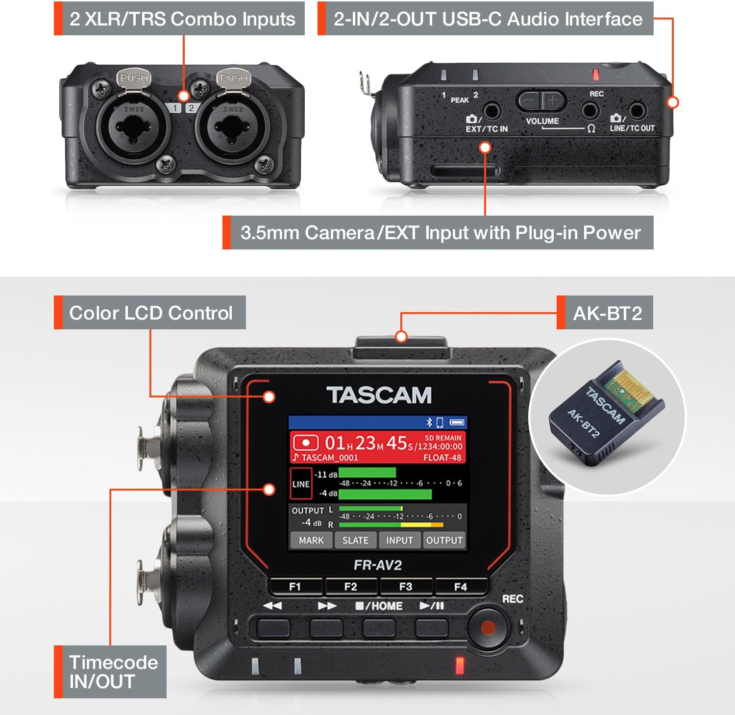 TASCAM FR-AV2 32-Bit Float Compatible 2CH Portable Field Recorder/Timecode Generator, Dual AD Converter, Timecode Synchronization, Audio Interface image number 6
