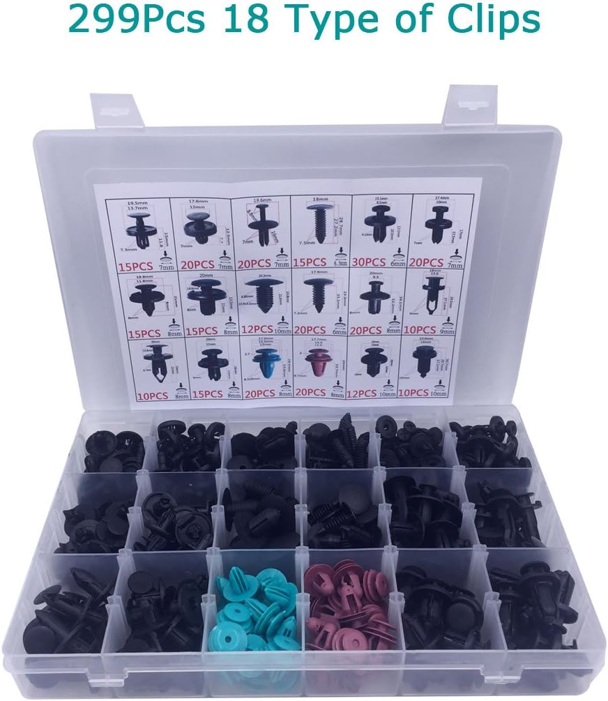 Lantee 299 PCS Car Push Pins Bumper Door Panel Trim Clips Kit,18 Most Popular Sizes for BMW, Toyota, Honda, Benz, Nissan, Subaru, Mazda, Audi image number 1