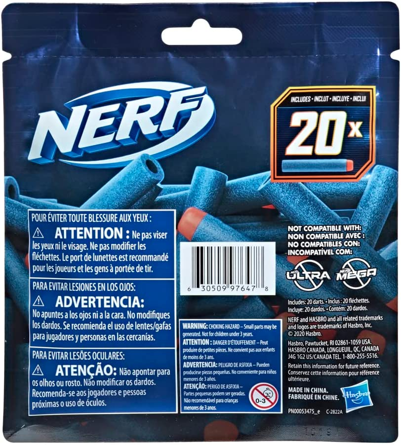Nerf Elite 2.0-20-Dart Refill Pack - 20 Official Nerf Foam Darts for Nerf Elite 2.0 Blasters - Compatible with All Nerf Elite Blasters - Toys for Kids - F0040 -Ages 8+