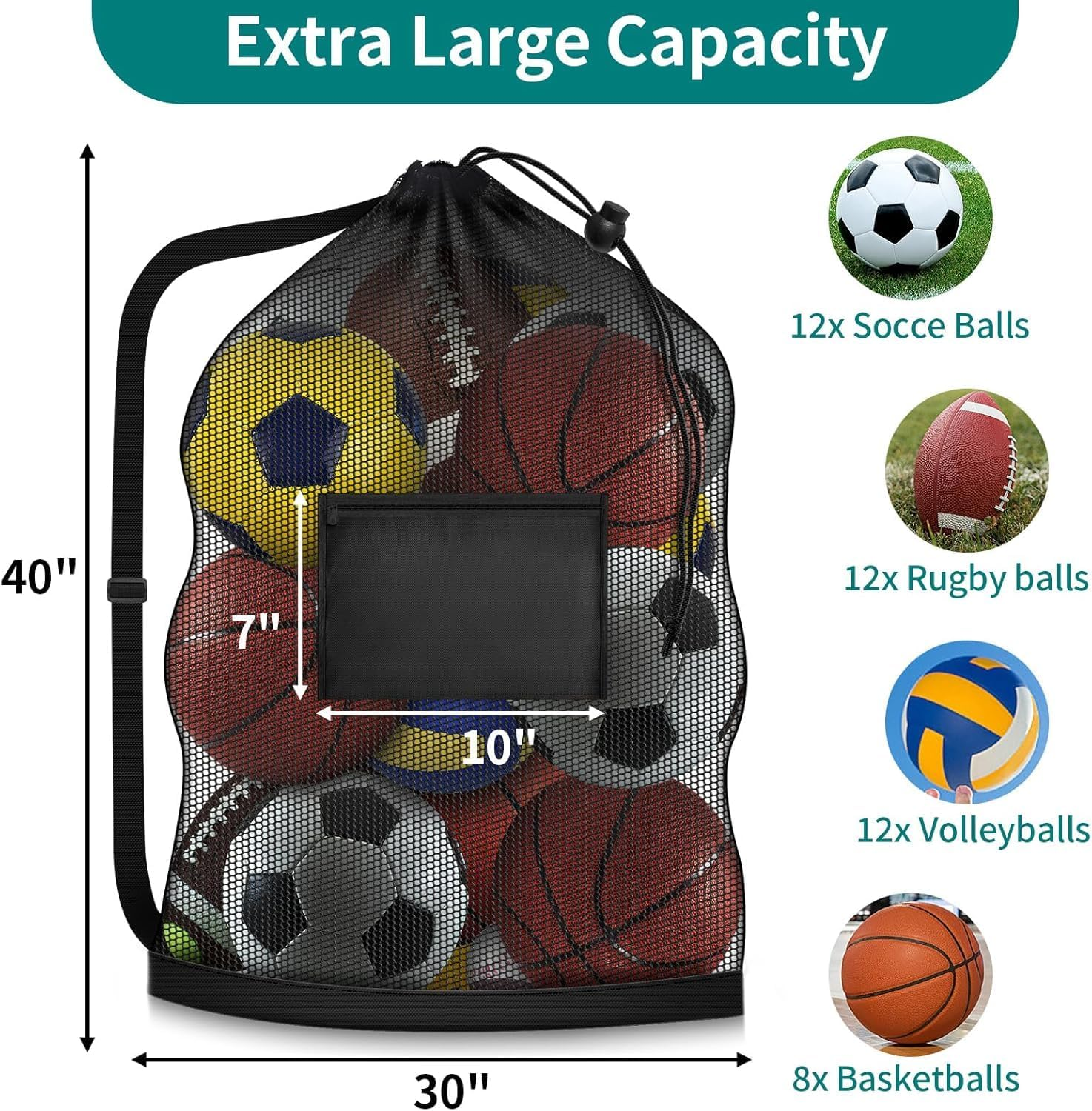 Limcryspp Extra Large Mesh Ball Bag，Mesh Soccer Team Bag, Drawstring Sports Equipment Storage Bag, Suitable for Basketball, Beach Cloth, and Swimming Equipment, Portable Storage Bag image number 2