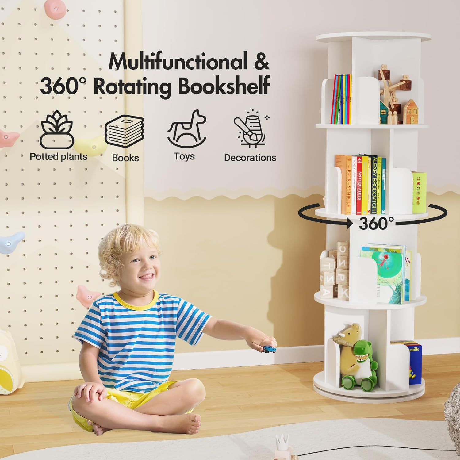 Advwin 4-Tier Rotating Bookshelf 360&deg; Revolving Bookcase Corner round Display Shelf for Living Room Office Kids Room Nursery, White