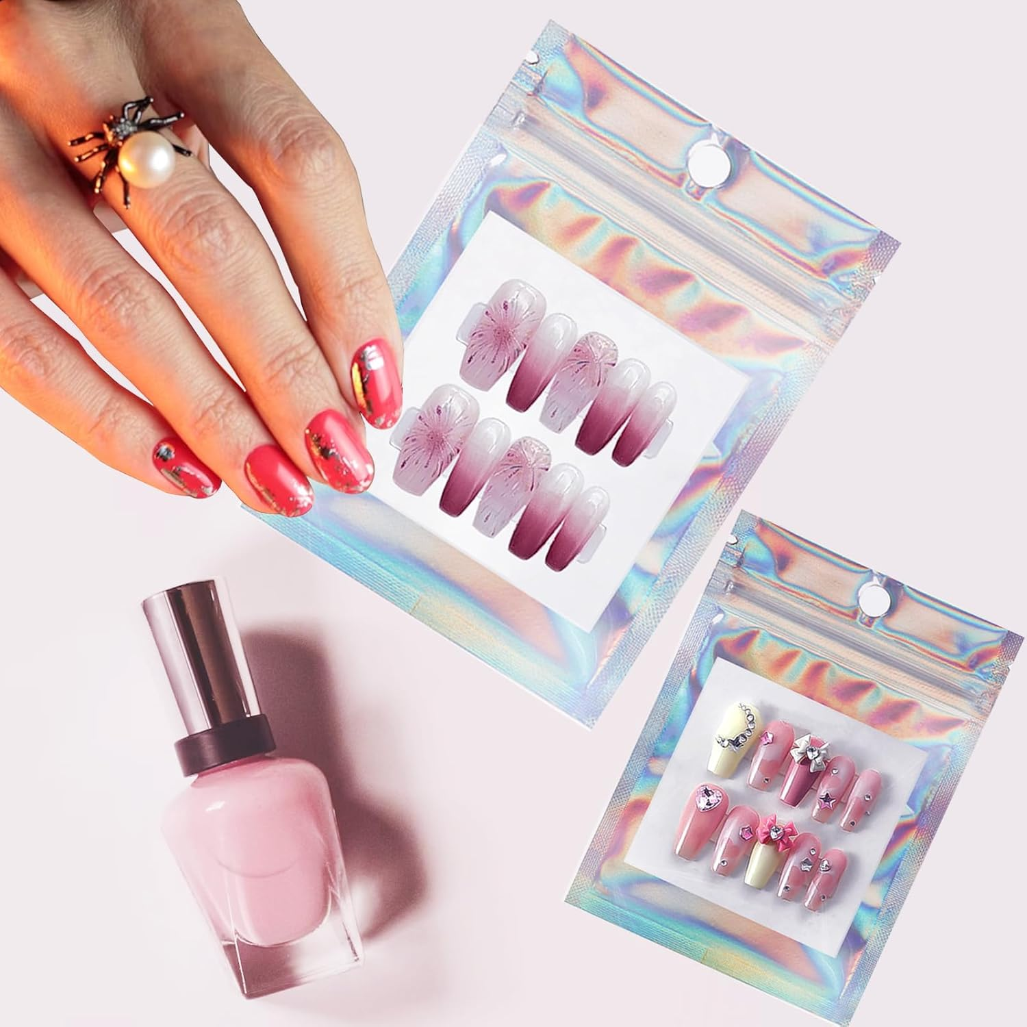 100 PCS Press on Nail Packaging Bag for False Nail Tips Holographic Press on Nail Storage Bag 100 PCS White Card with 2 Roll Transparent Tape for Nail Display Fake Nail Storage Organizer Nail Supplies image number 2