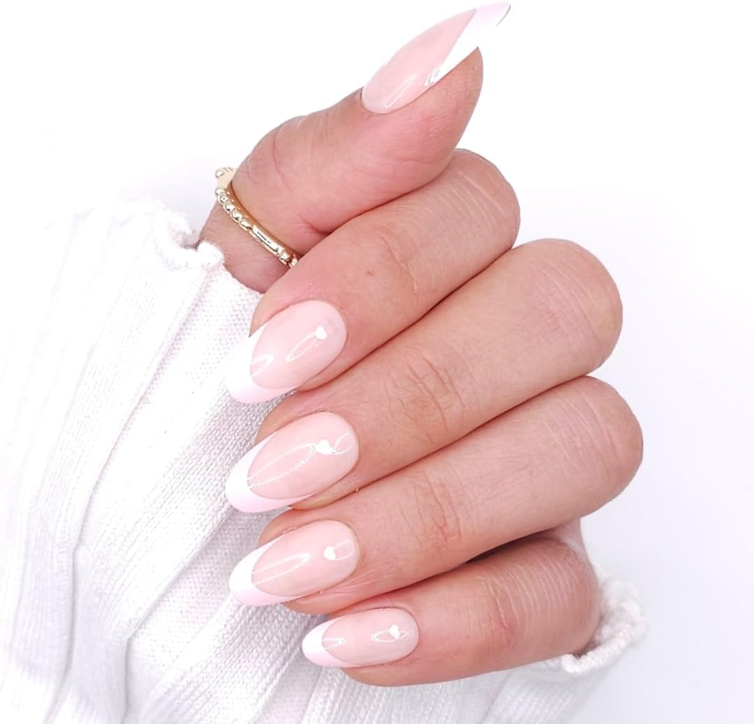 NKA FRENCH PRESS on NAILS KIT FALSE ACRYLIC FAKE NAILS -28PC DIY ALL INCLUSIVE REUSABLE MEDIUM OVAL PRESS on NAIL-FRENCH LOVE image number 1