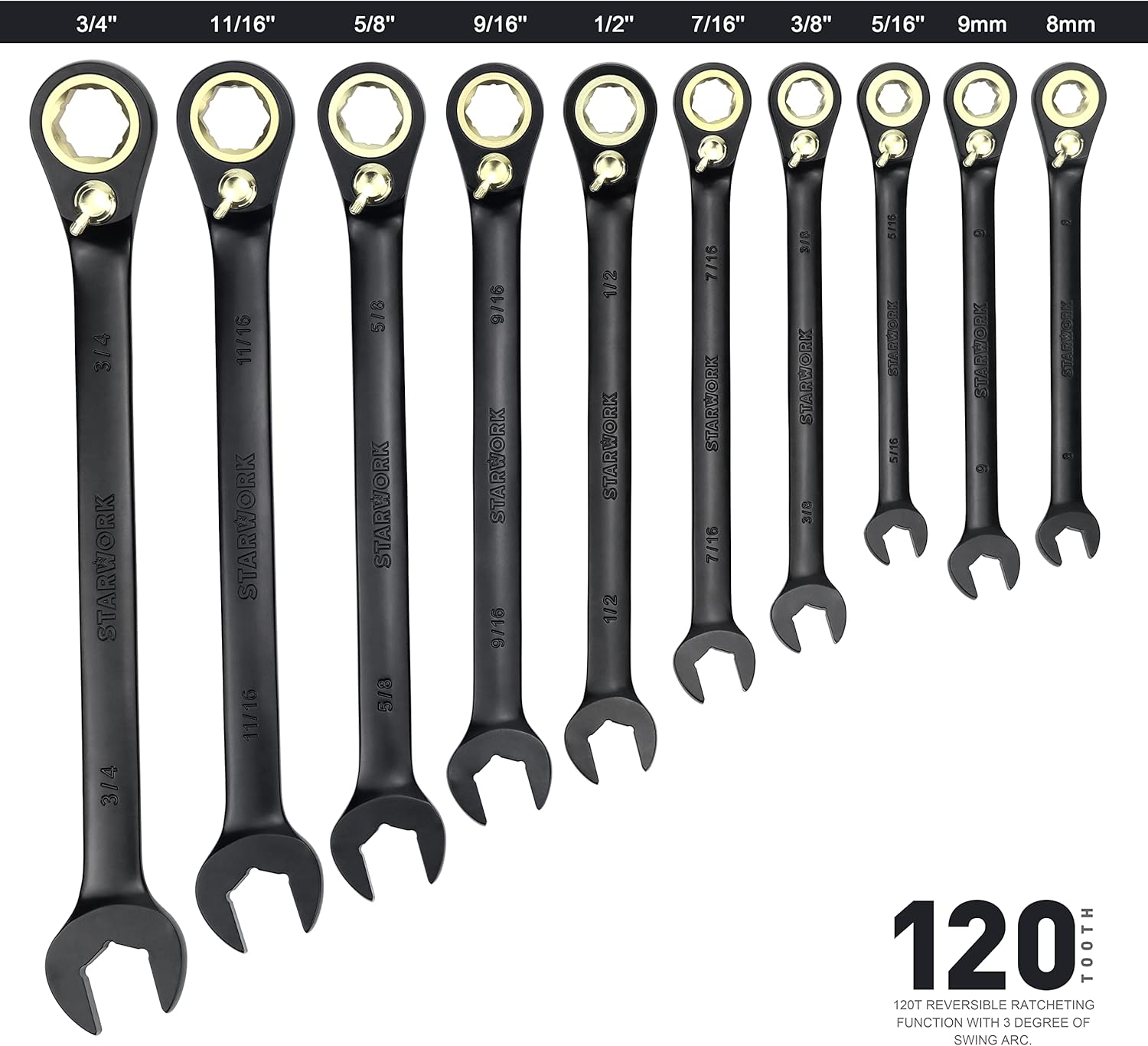 STARWORK TRUE MECHANIC&trade; 20 Pc. 120T Reversible Ratcheting Combination Wrench Set, Non-Slip, Long Pattern, SAE, Metric, Professional, with Portable Roll-Up Pouch Bag image number 4