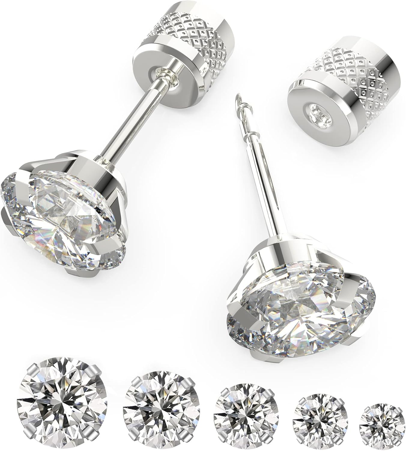 5-6 Pairs Push-In Flat Back Stud Earrings Hypoallergenic Surgical Stainless Steel Cubic Zirconia Earrings Studs Set Multi-Pack, CZ Stud Earrings for Women Men Trendy Cartilage Stud Earrings 2-8Mm image number 2