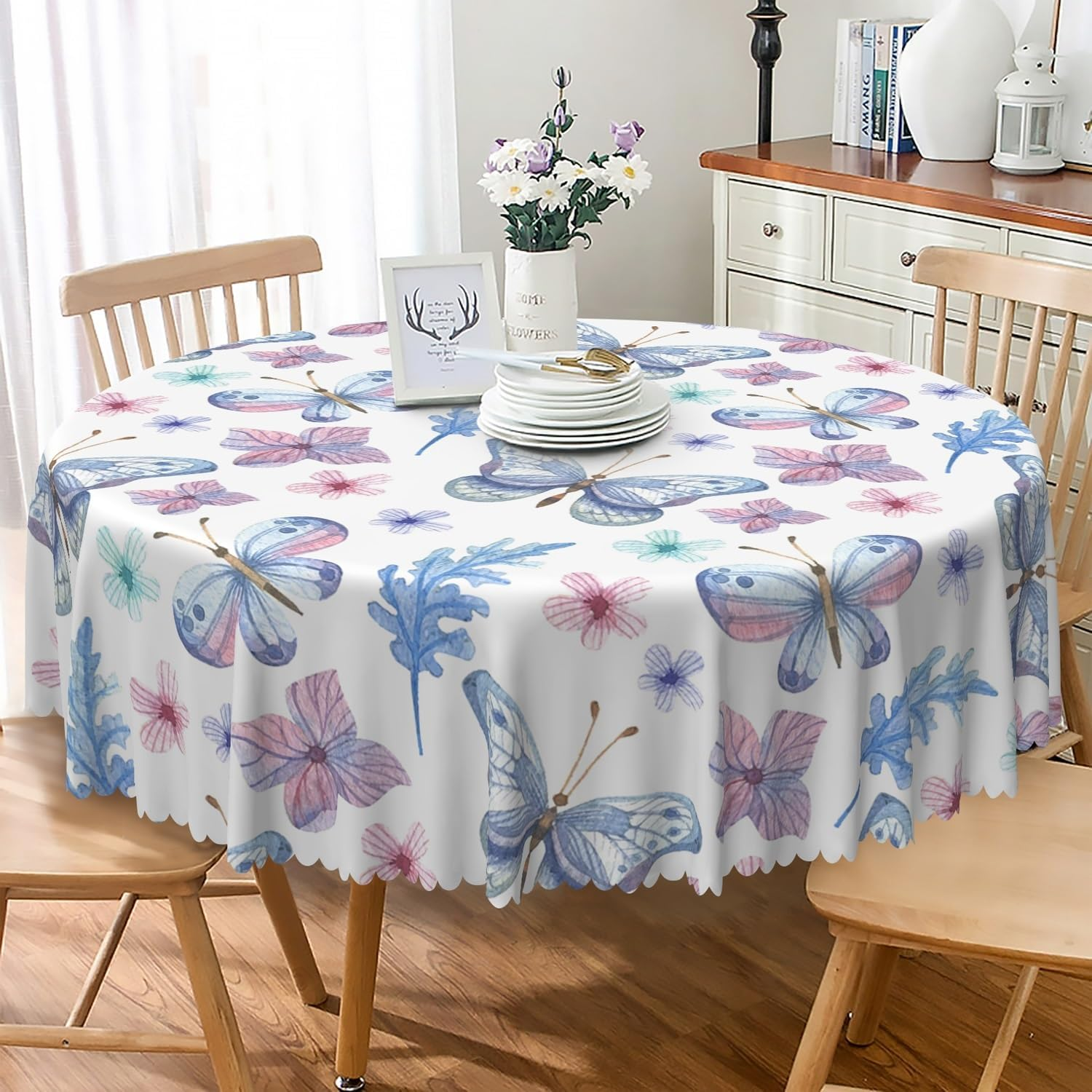 Spring Summer round Tablecloth 60 Inch Green Leaf Pink Floral Circular Table Cloth Washable Wrinkle Resistant Fabric Table Cover for Kitchen Dining Room Picnic Patio Indoor Outdoor Decor