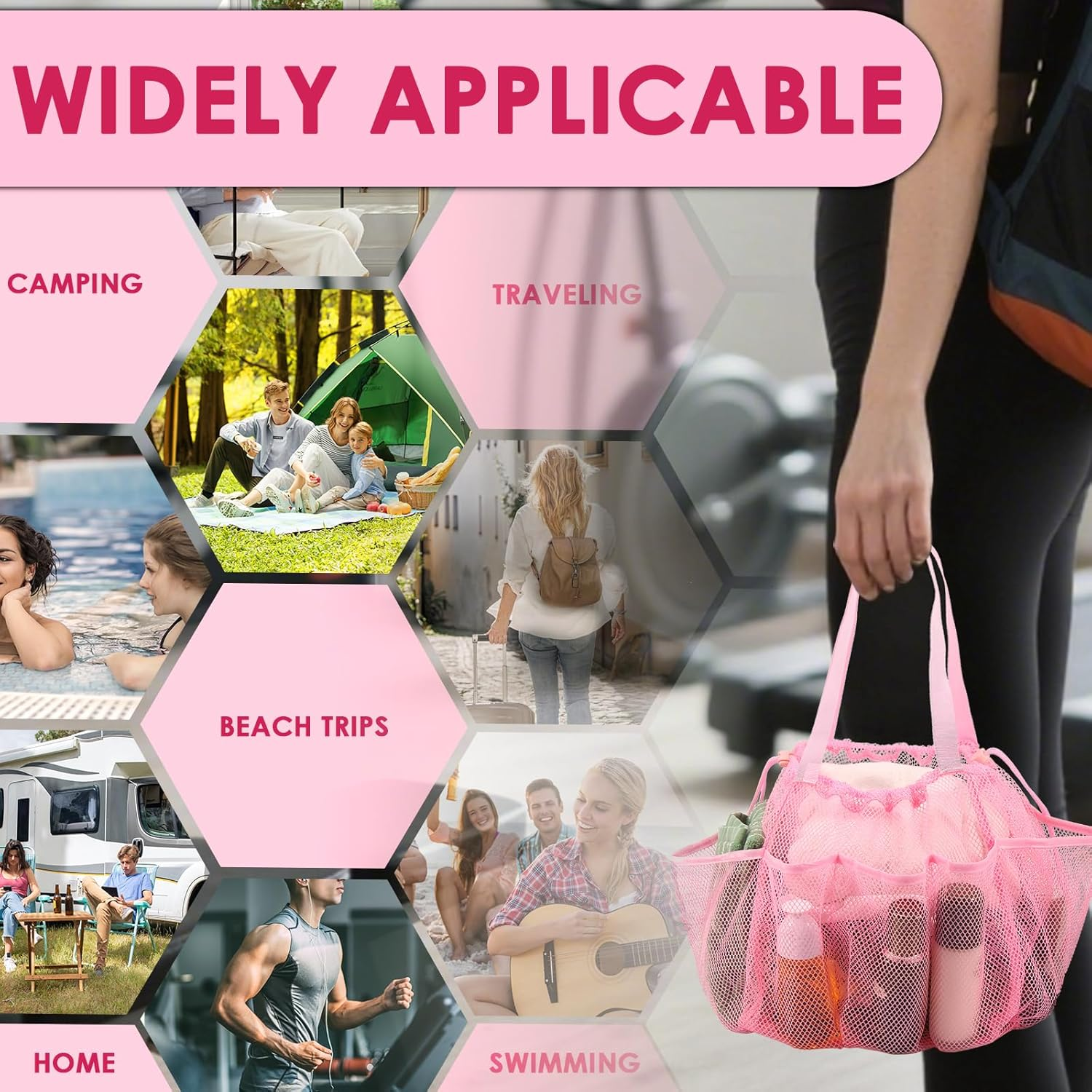 DJAPWPX Mesh Shower Caddy Double Handle Beach Toiletry Bag Drawstring Design Large Capacity for Travel Camping for People (Pink) - Pink image number 1