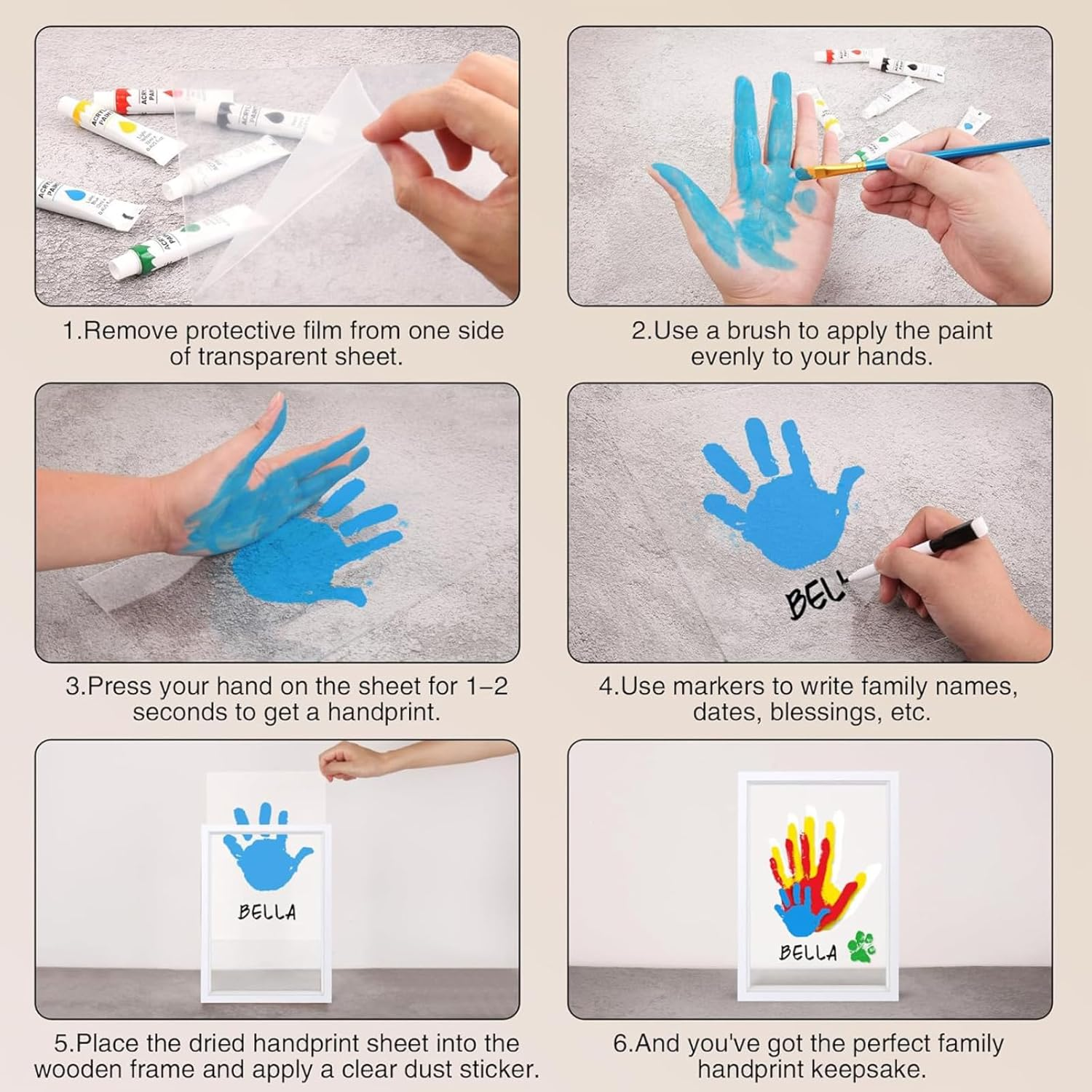 RIKONDA Family Handprint Art Kit with Display Frame - DIY Memory Keepsake for Parents, Grandparents & Baby'S First Craft (6 Non -Toxic Paints, 33X23Cm Frame, 820G) image number 1