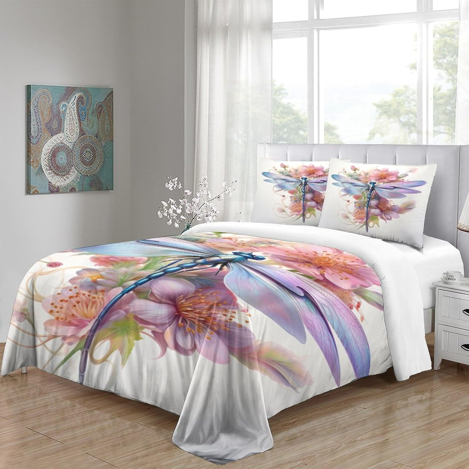Dragonfly Duvet Cover Set Flower Comforter Cover for Teens 3D Print Bedding Set Microfiber Quilt Cover with Zipper Closure 3 Pieces with Pillowcases,King（210X245Cm） image number 7