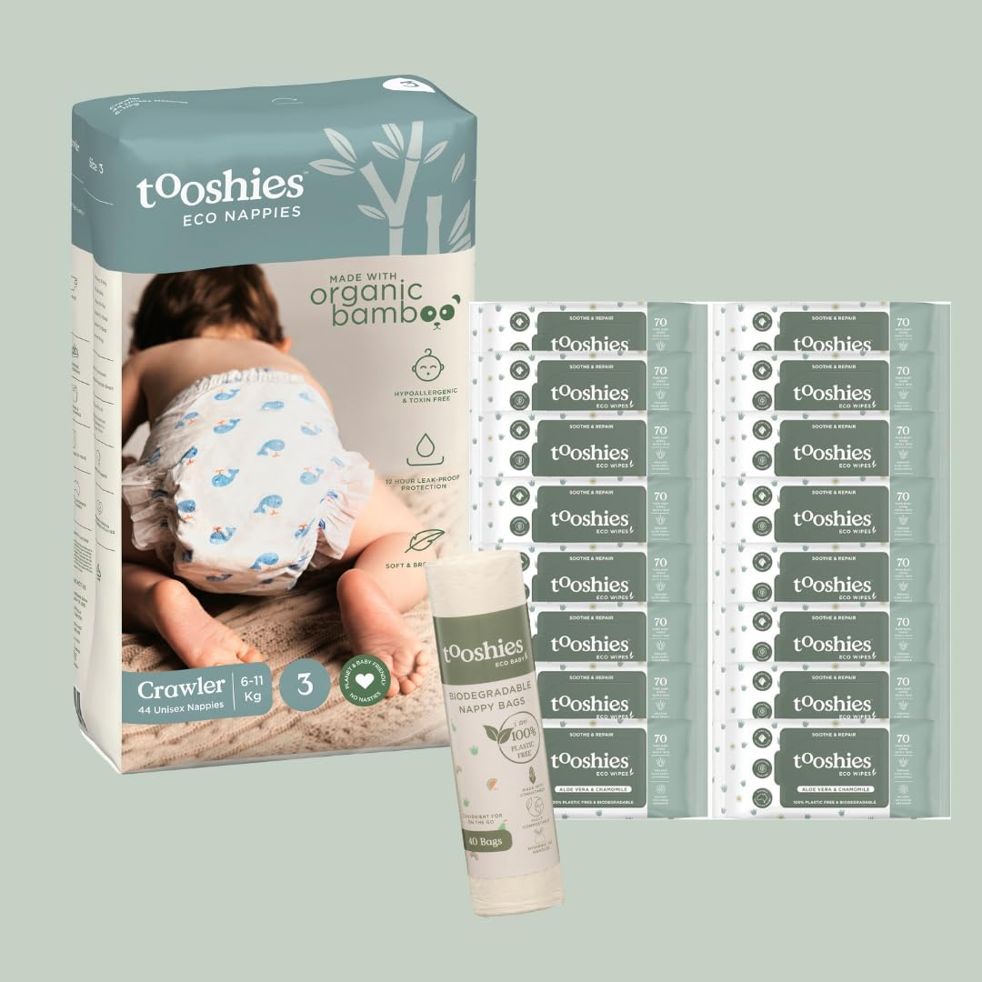 Tooshies Eco Nappies Size 3 Crawler 6-11Kg, 88 Count + Tooshies Aloe Vera & Chamomile Eco Wipes, Pack of 1120 (16X70 Packs) + Tooshies Biodegradable Nappy Bags 40Pk, Green