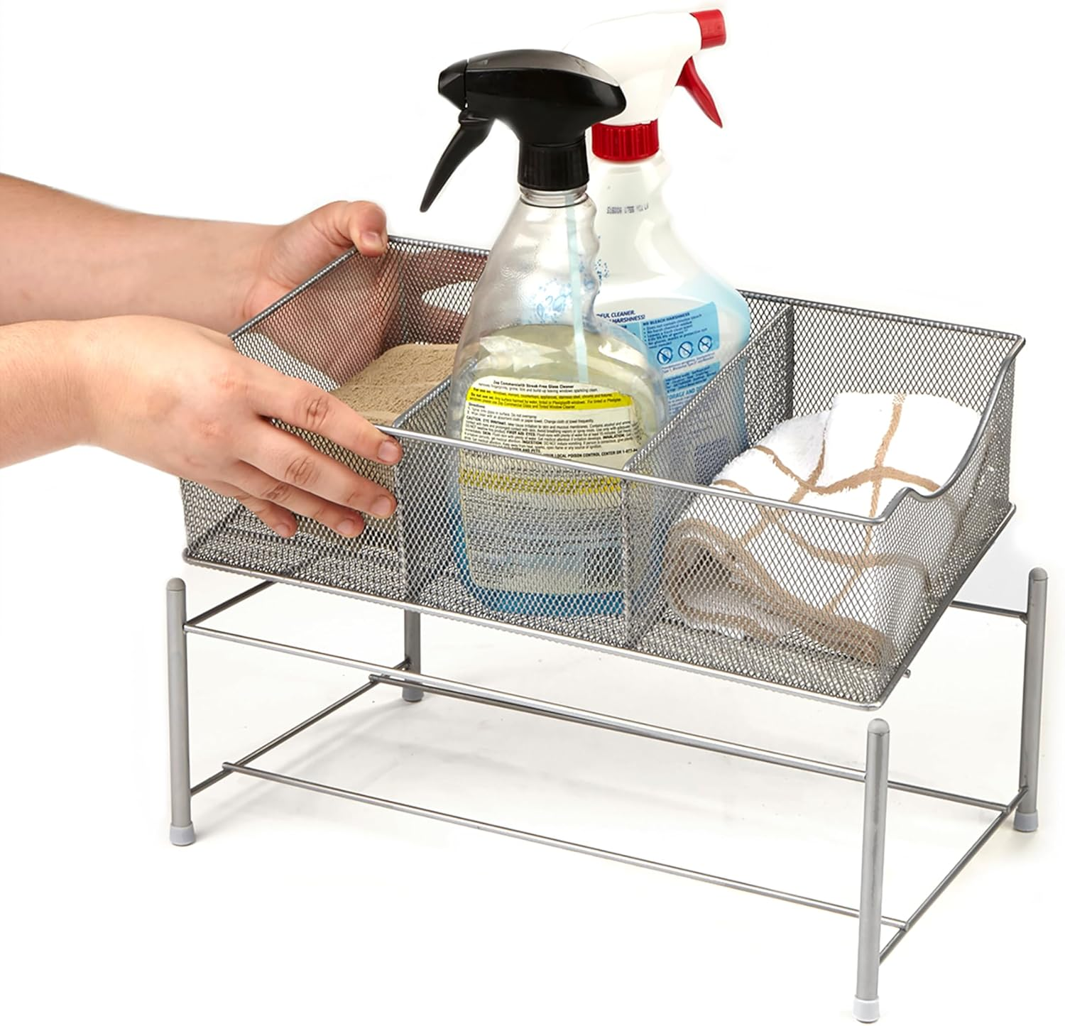 Mind Reader Accessory Organizer, Supply Storage, Makeup, Crafts, Office, Kitchen, Metal Mesh, 15.5" L X 9.38" W X 5.4" H, Silver image number 1