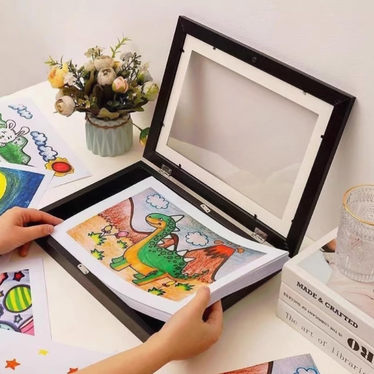 AIMALL A4 Kids Art Display Flip Photo Frames &ndash; 2-Pack Magnetic Front-Opening Picture Frames for Children&rsquo;S Artwork, MDF Composite Pine Wall Mount Frames, Black 11.7X8.3In image number 4