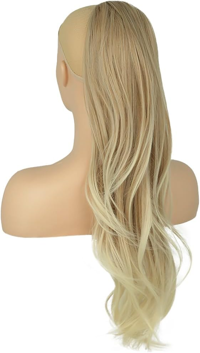 PORSMEER Long Braid Ponytail Hairpiece Hair Extension with Drawstring Long Straight Wavy Natural Synthetic Hair Ponytail Extensions Brown with Blonde for Women Afro Ladies, 65 Cm - Ombre Blonde-27/613T image number 4
