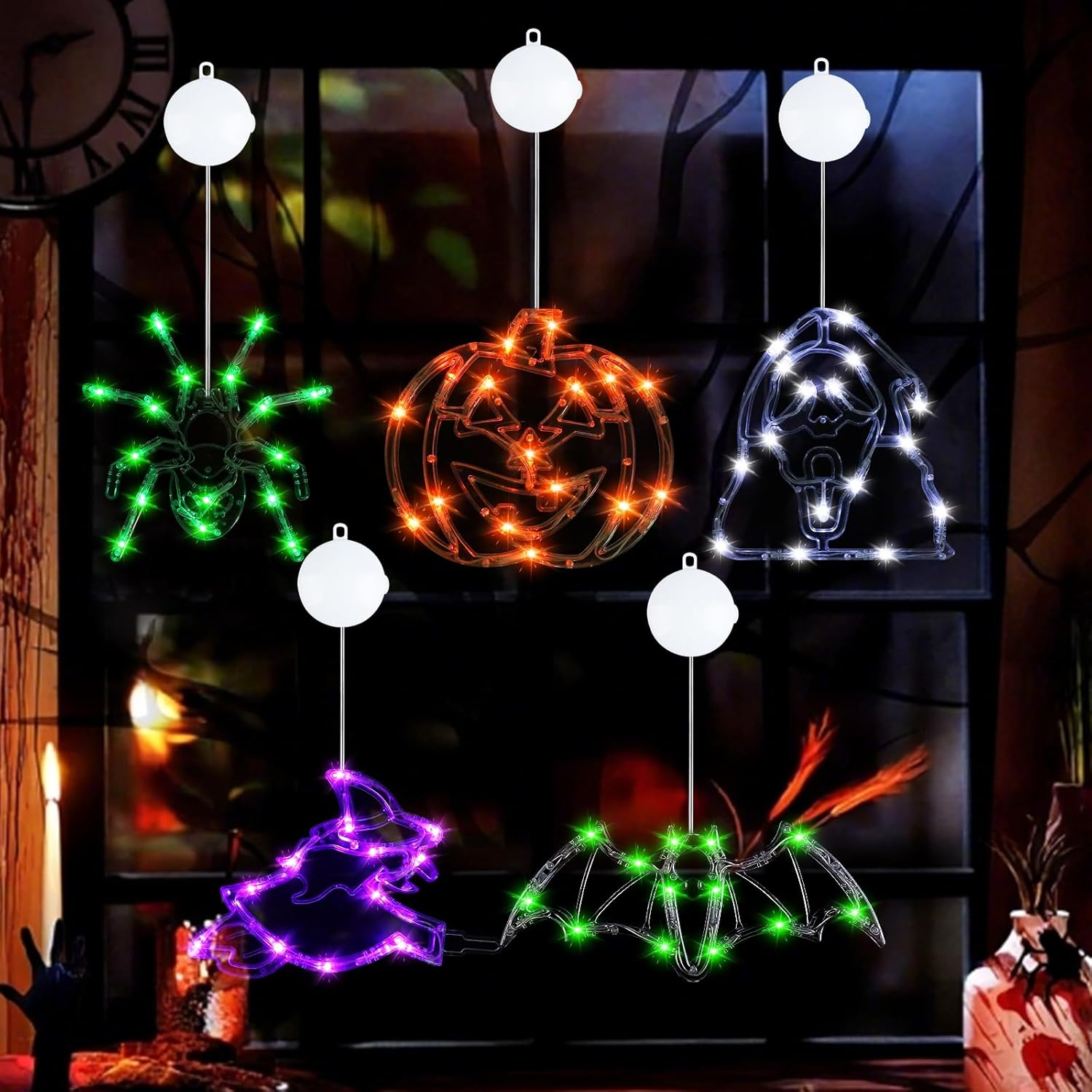 Wlicon 5 PCS Halloween Lights Decorations Green Spider Orange Pumpkin White Ghost Purple Witch Green Bat with Suction Cups and Battery Operated Halloween Lights with Timer for Window House Decoration image number 5