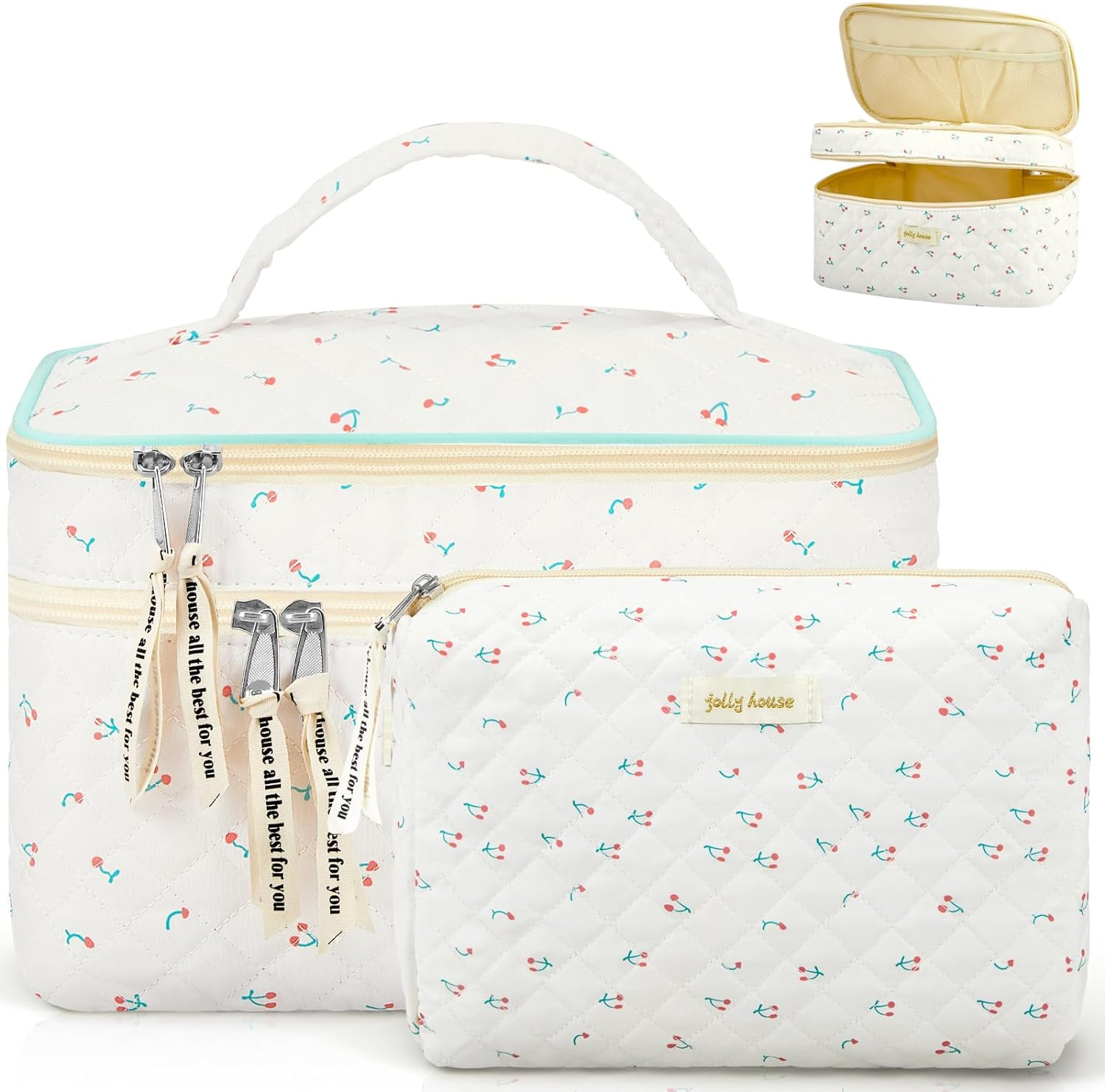 Zeyune 2 Pcs Cotton Quilted Makeup Bag, Large Travel Coquette Cosmetic Bag, Aesthetic Cute Floral Cherry Peony Toiletry Organizer Skincare Bag for Women Girls(Cute Bear Style), Brown image number 2