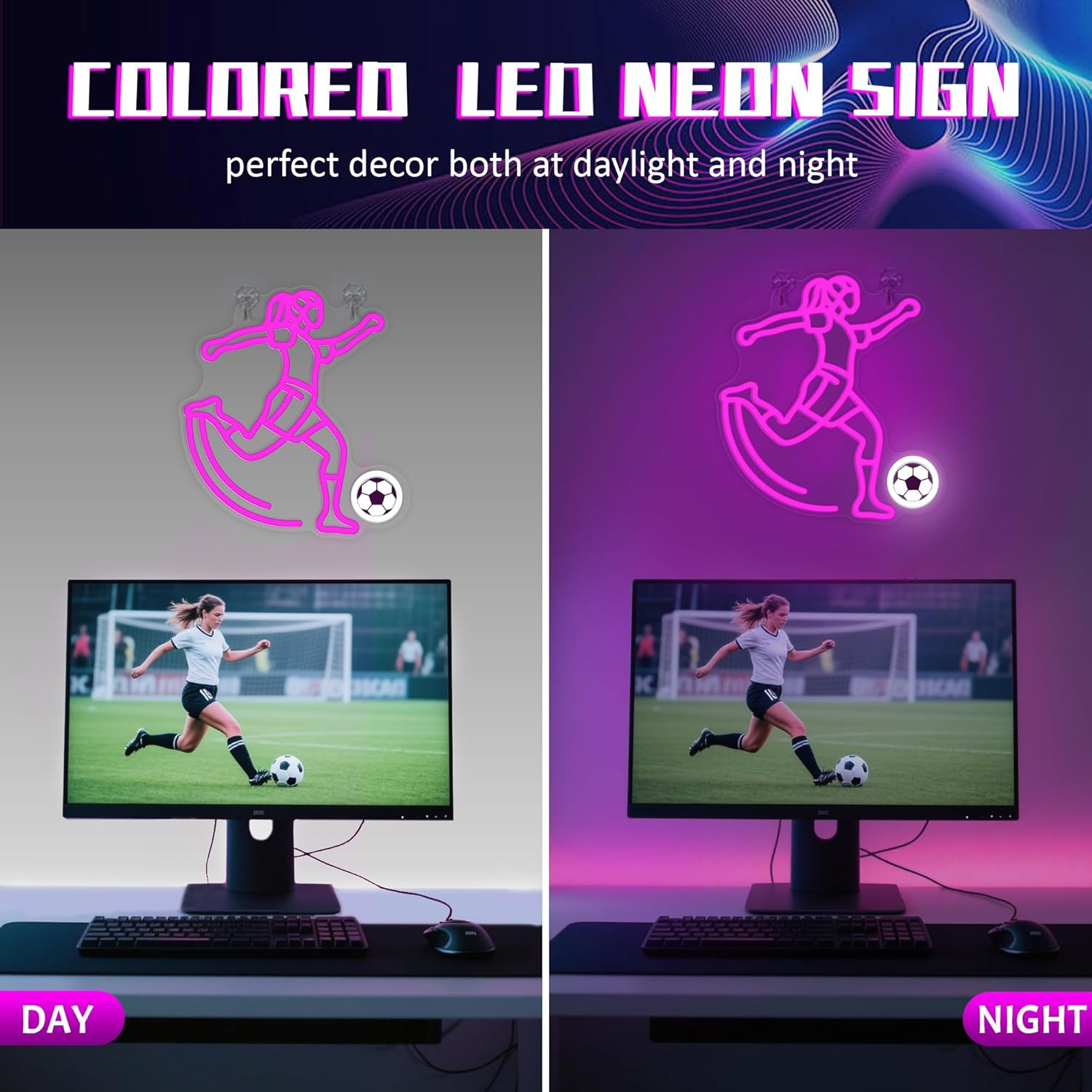 Okiyid Soccer Neon Sign for Girls - Dimmable Sport Wall Decor with USB Power,Unique Gifts for Soccer Girls Women, LED Neon Lights for Friends College Dorm Football Fans Accessories image number 2