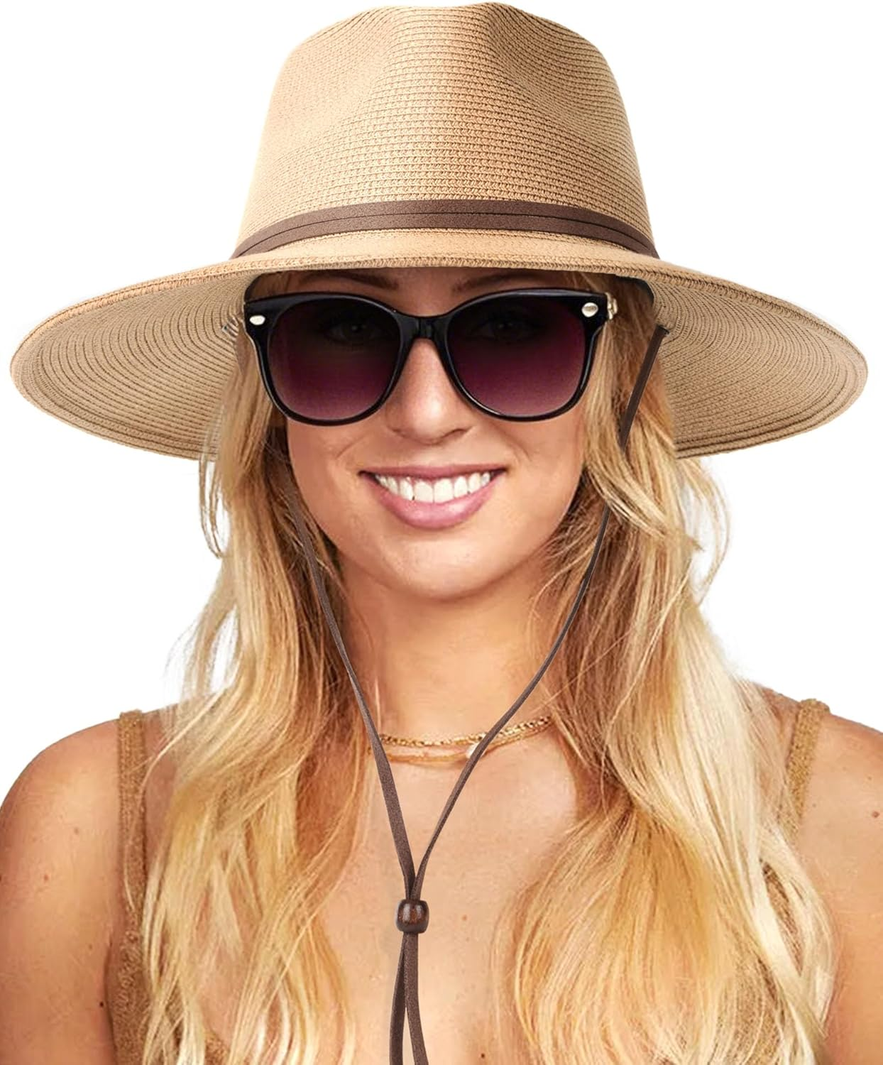 FURTALK Womens Sun Hat Summer Straw Beach Hats UPF 80+ Wide Brim Panama Fedora Hats with Wind Lanyard