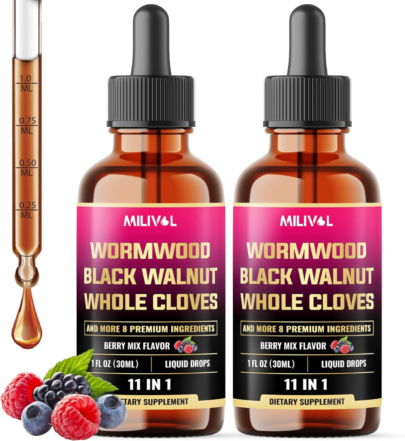 [2 Packs of 1Fl Oz 11In1 Liquid Drops Black Walnut Wormwood Tincture Extract with Whole Cloves, Berberine and 8 More - 4 Months Supply - Berry Mix Flavor image number 6
