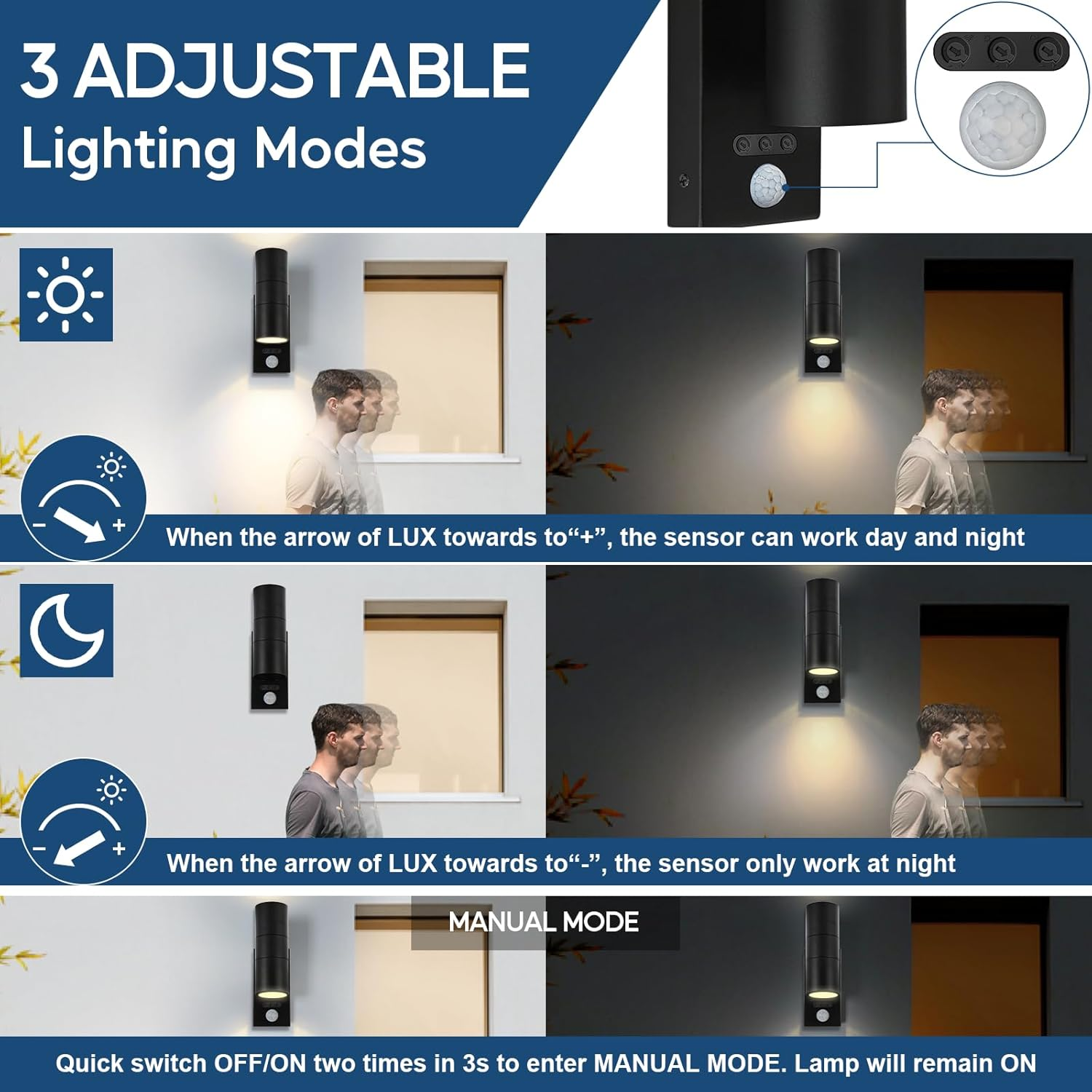 Kerry outside Wall Lights with Sensor, IP65 Waterproof up down Outdoor Lighting, External Pir Wall Mount Security Light, Black Stainless Steel Exterior Light Mains Powered for Front Door (Bulb Excl.) image number 6