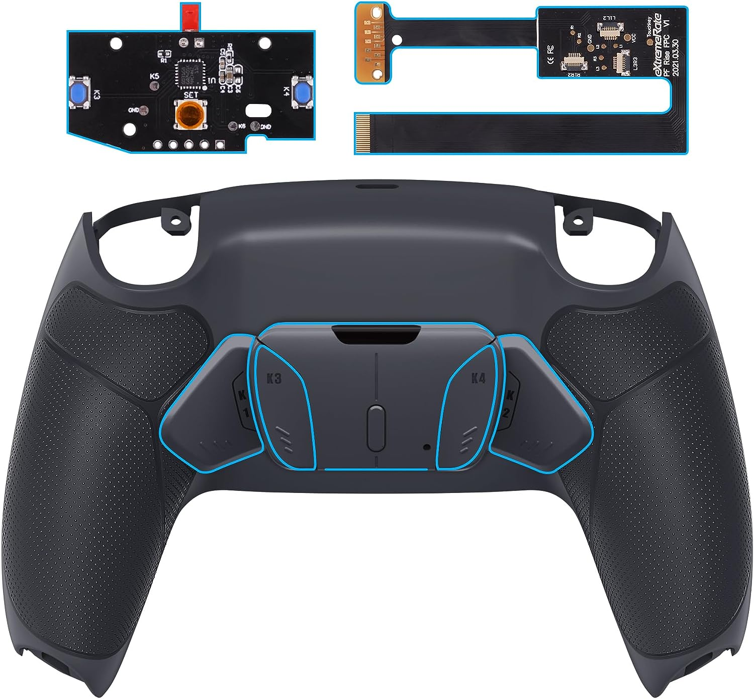 Extremerate Black Rubberized Grip Programable RISE4 Remap Kit for PS5 Controller BDM-010 BDM-020, Upgrade Board & Redesigned White Back Shell & 4 White Back Buttons for PS5 Controller -NO Controller