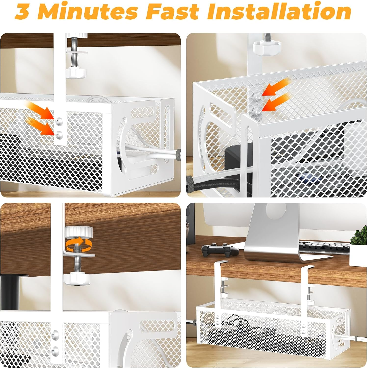 Under Desk Cable Management Tray,No Drill Mesh Desk Cables Trays with Clamp,Wire Managements Tray Cabl-E Management Box,Desk Cable Tray Wire Organizer for Office, Home(White)(White) image number 6