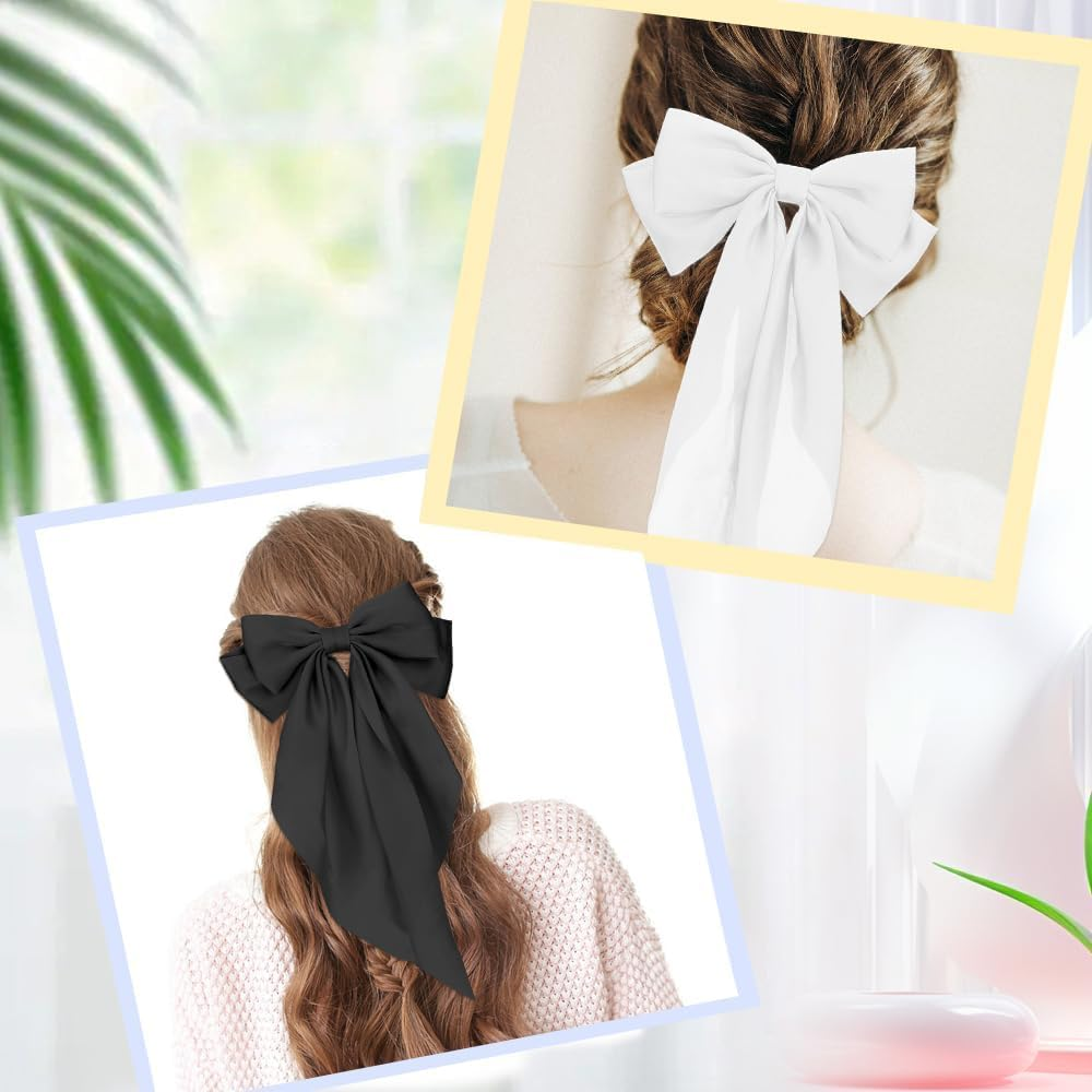 Elegant Large Bow Hair Clips,2Pcs Stylish Black and White Satin Ribbon Bows with Long Tails for Women,Bowknot Hair Clip Barrettes,Accessories for Birthday,Wedding,Holidays,Ribbons for Girls and Women image number 2