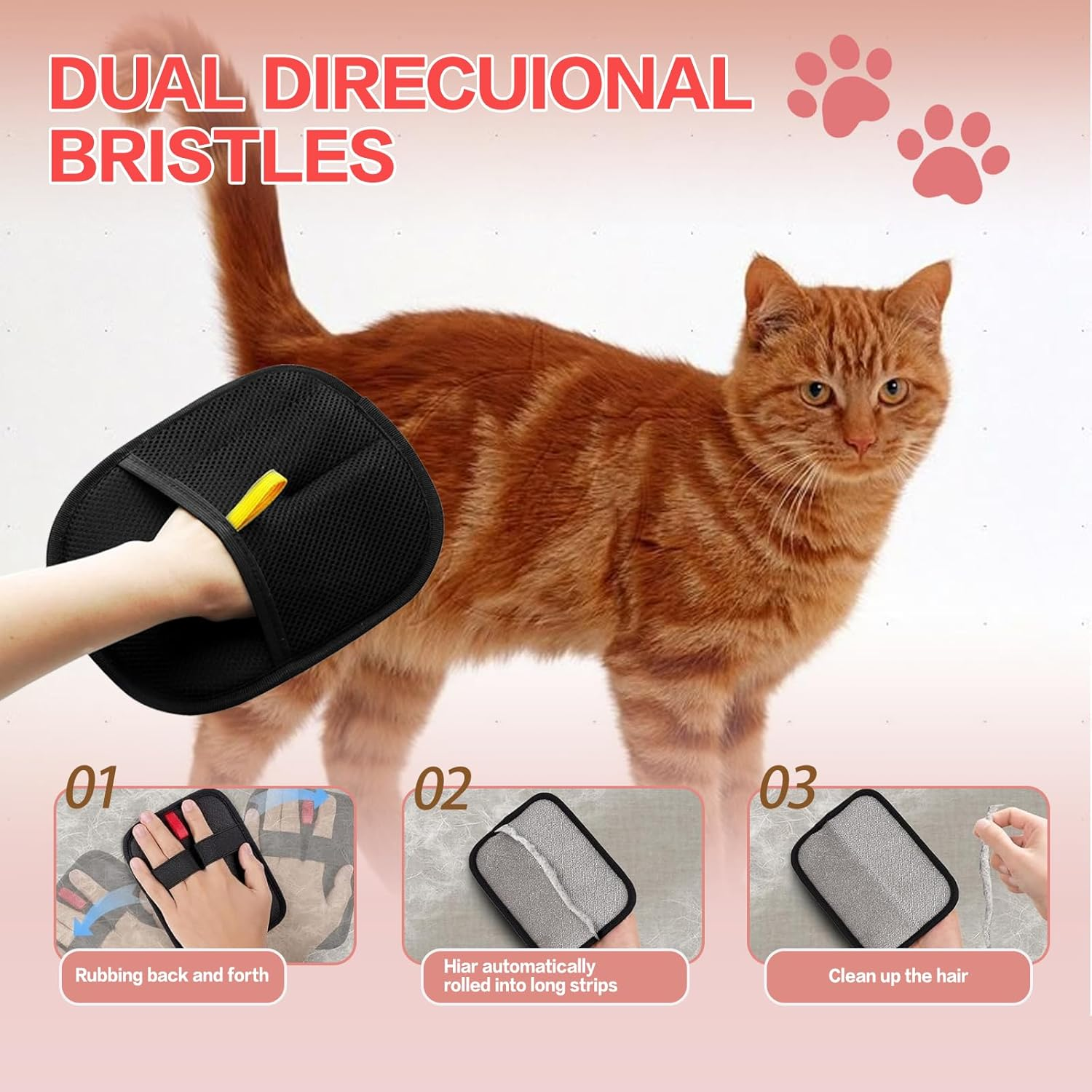 Double Sided Pet Grooming Glove - Reusable Silicone Brush Mitt for Dogs & Cats - Hair Removal Glove for All Coat Types (20X15Cm, Black) image number 1