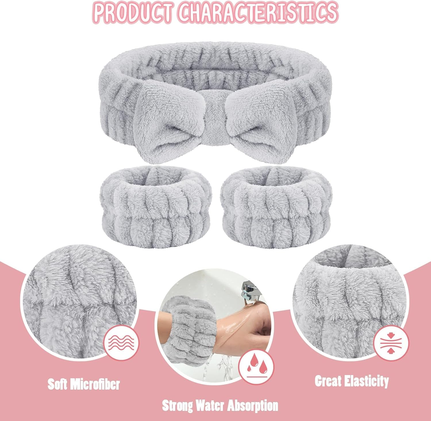 ATDORO Face Washing Headband and Wristband Set of 3, Wristbands and Headband for Women, Absorbent Wristbands for Washing Face, Wrist Scrunchies for Skin Care image number 6