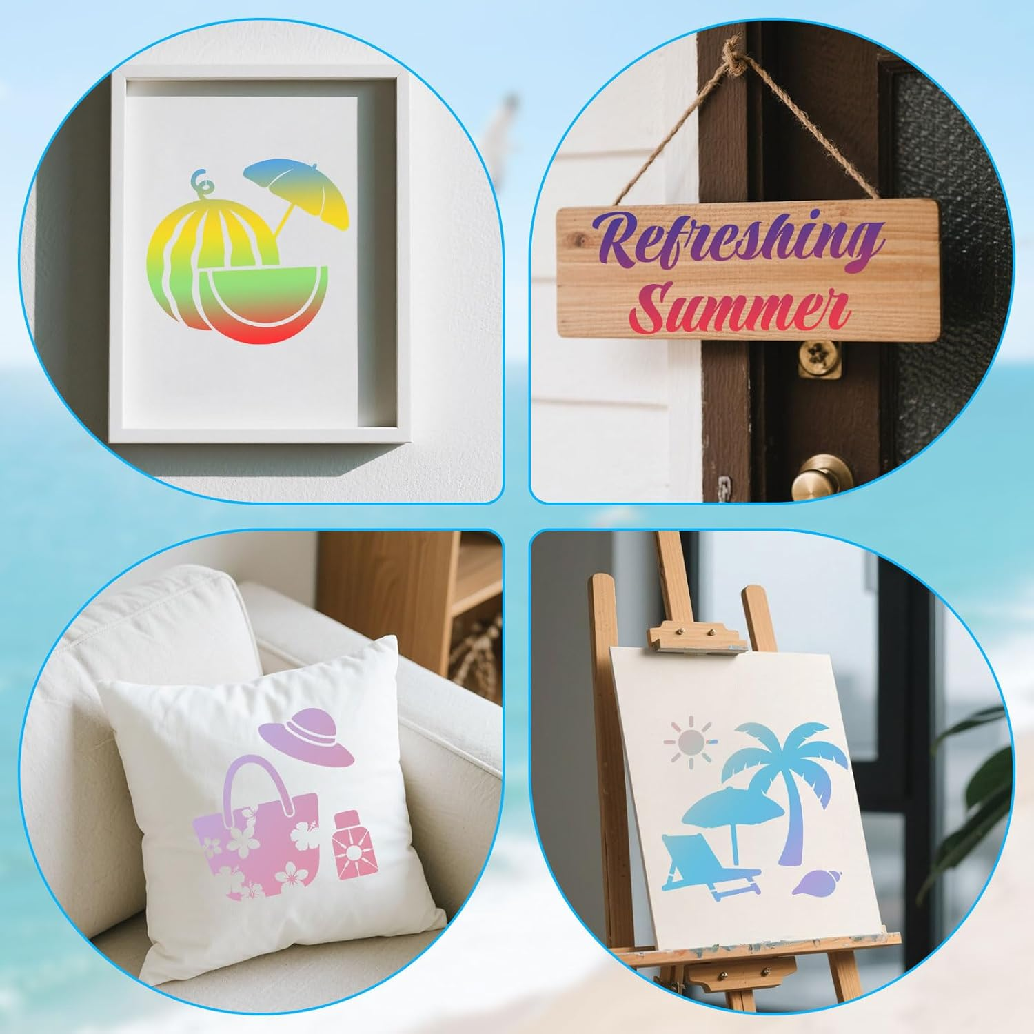 Tinoaly 24Pcs Summer Stencils for Painting, 8X8In Reusable Beach Ocean Themed Stencils with Coconut Watermelon Whale Tropical Styles for Wood Rock Canvas DIY Crafts image number 5