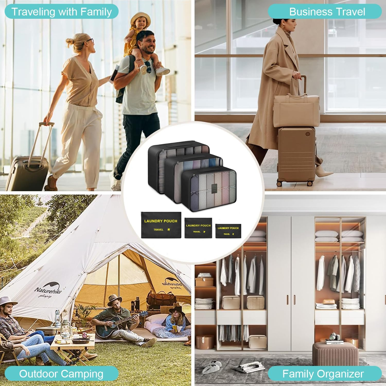 Packing Cubes, 6PCS Various Sizes Lightweight Travel Luggage Organizers, Large Medium Small Slim Packing Cube, Mesh Luggage Suitcase Organizer Bags, Travel Suitcase Accessories. (Black) image number 1