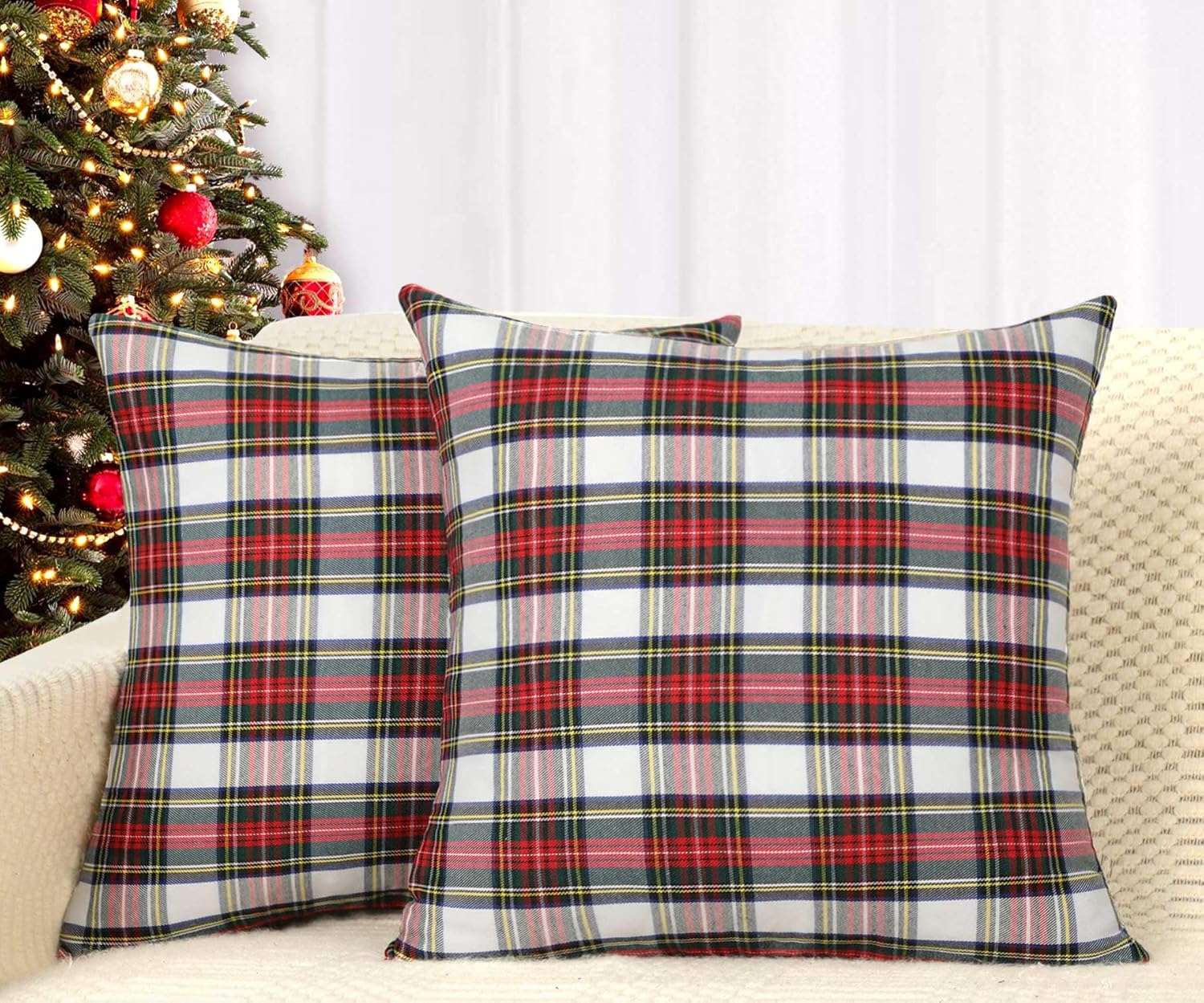 4TH Emotion Set of 2 Christmas Scottish Tartan Plaid Throw Pillow Covers Cushion Case Cotton Polyester for Farmhouse Home Decor Red and White, 20 X 20 Inches