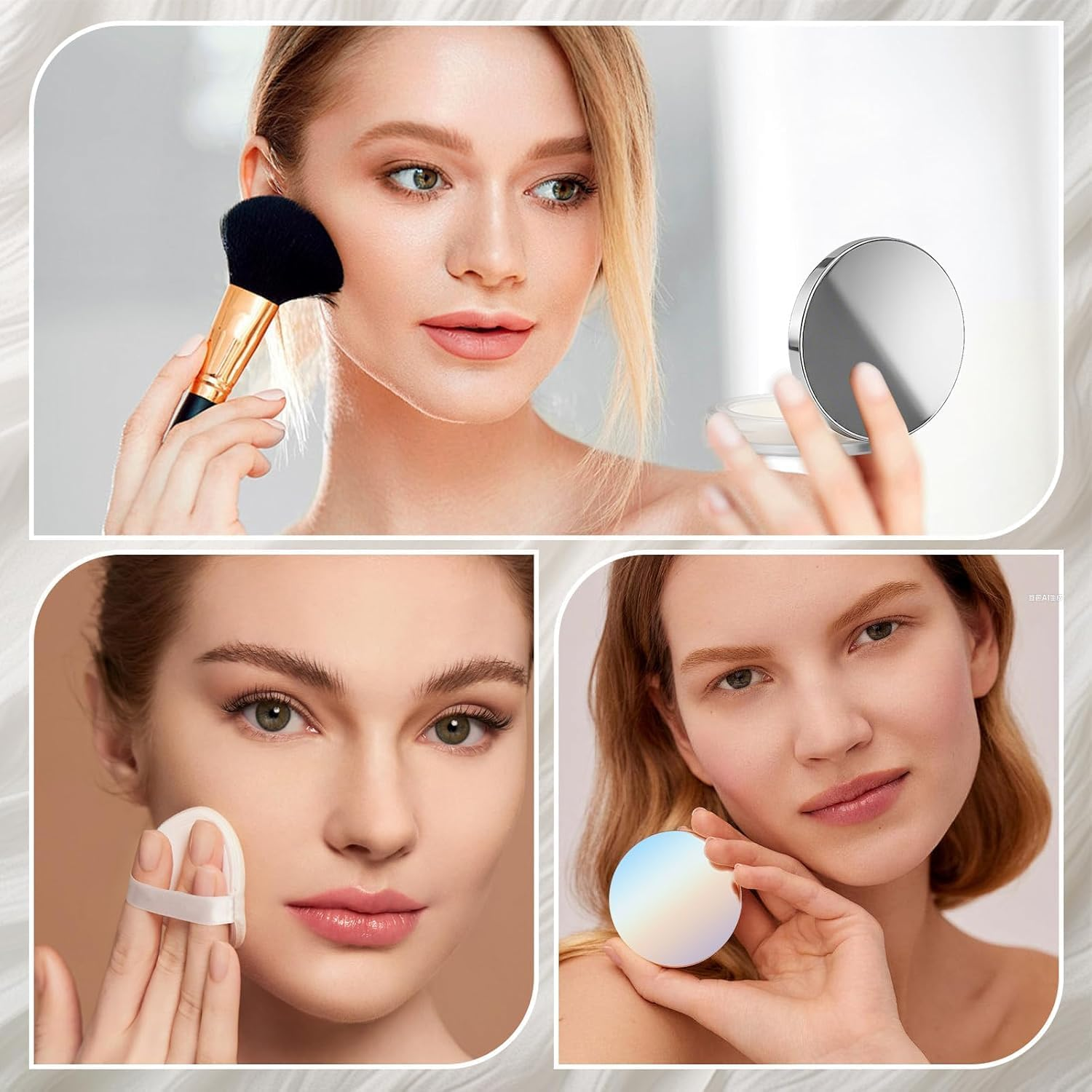 2-Pack Refillable Loose Powder Compact with Puff & Mirror &ndash; Portable Travel Makeup Container with Mesh Sifter, Leak-Proof Empty Case for Blush, Foundation & Setting Powder (Silver, Iridescent Silver) - Pink，Silver image number 2