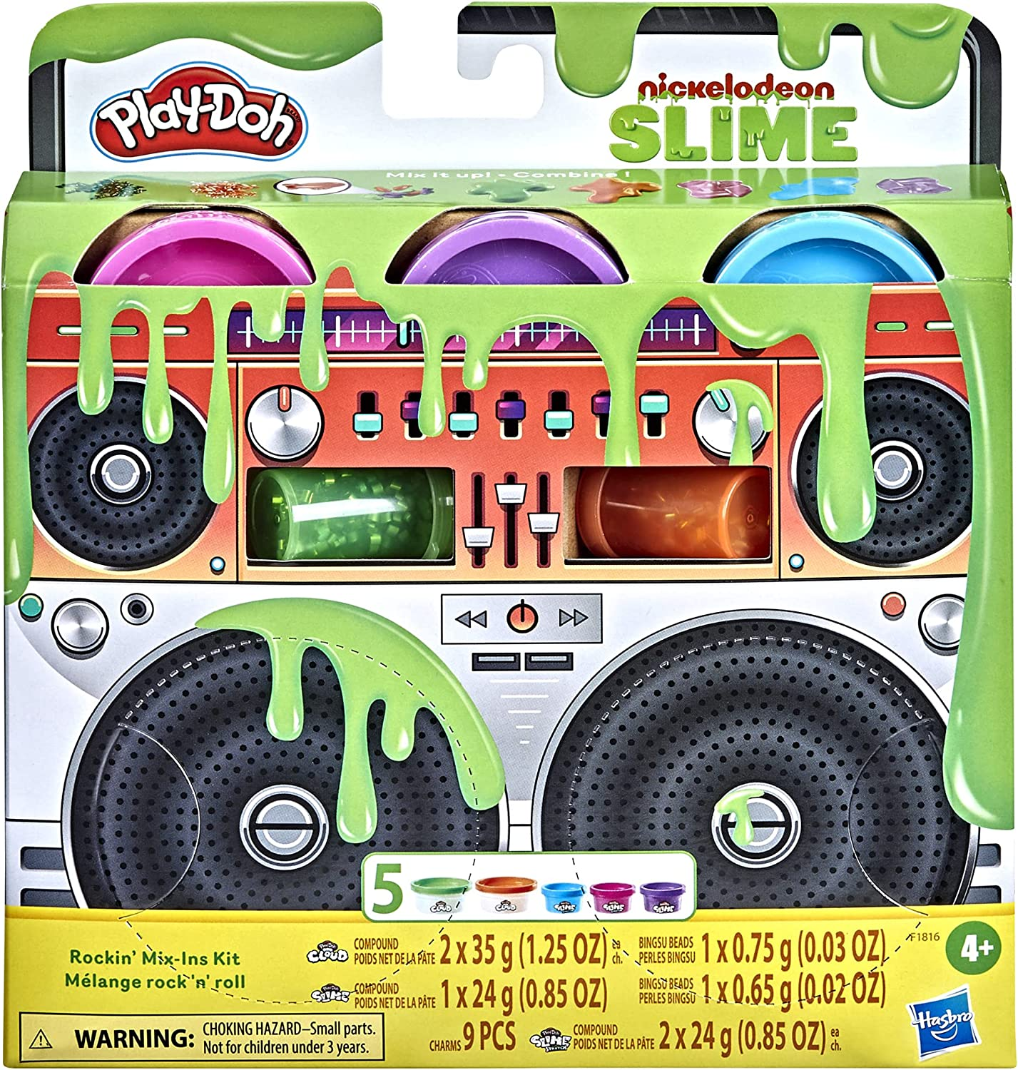 Play-Doh Nickelodeon Slime Rockin' Mix-Ins Kit for Kids 4 Years and up with 5 Colors and 3 Mix-In Bead Varieties, Non-Toxic