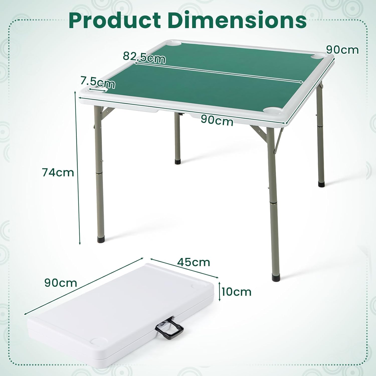 Giantex 90Cm Folding Mahjong Table, 4 Player Game Card Table W/Cup Holders & Smooth Felt Mat, Carrying Handle, HDPE Tabletop, Metal Legs, Portable Mahjong Game Table (Pure Green) image number 6