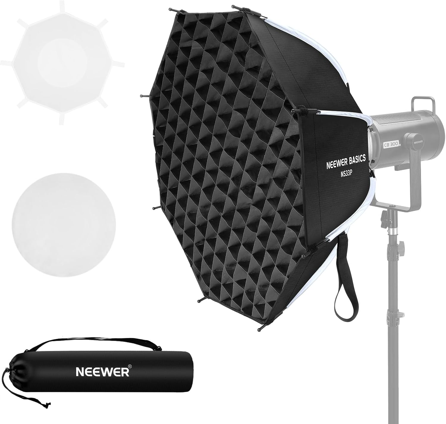 NEEWER Basics Octagonal Softbox Kit for Studio Photography Video Recording Streaming, 25.6"/65Cm Quick Release Bowens Mount Softbox/Grid/Light Diffusers for Continuous Lighting & Strobe Flash, NS33P image number 2