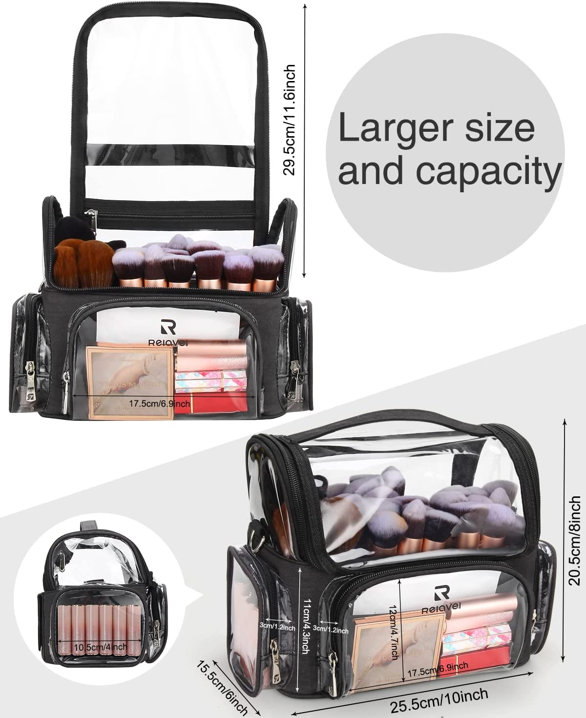 Relavel Makeup Brush Case, Large Makeup Brush Holder Professional Makeup Artist Travel Case Clear Waterproof Cosmetic Organizer Bag, Full Open Easy to Access, with Adjustable Strap and Dividers, Black image number 4
