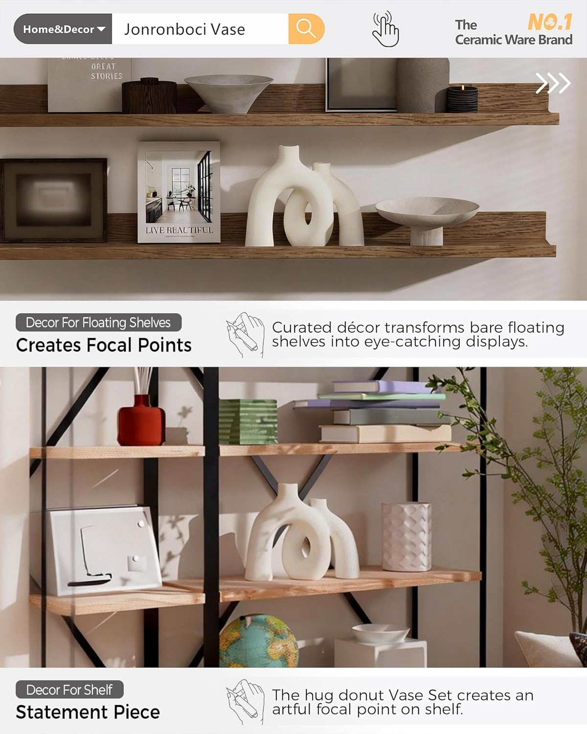 Hug Donut Decorative Vase Set - Modern Nordic Boho Style Vases Home Decor, Matte Ceramic Decorations for Living Room Shelf, Bookshelf Mantle Entryway Table or Console D&eacute;cor (Cream White) image number 6